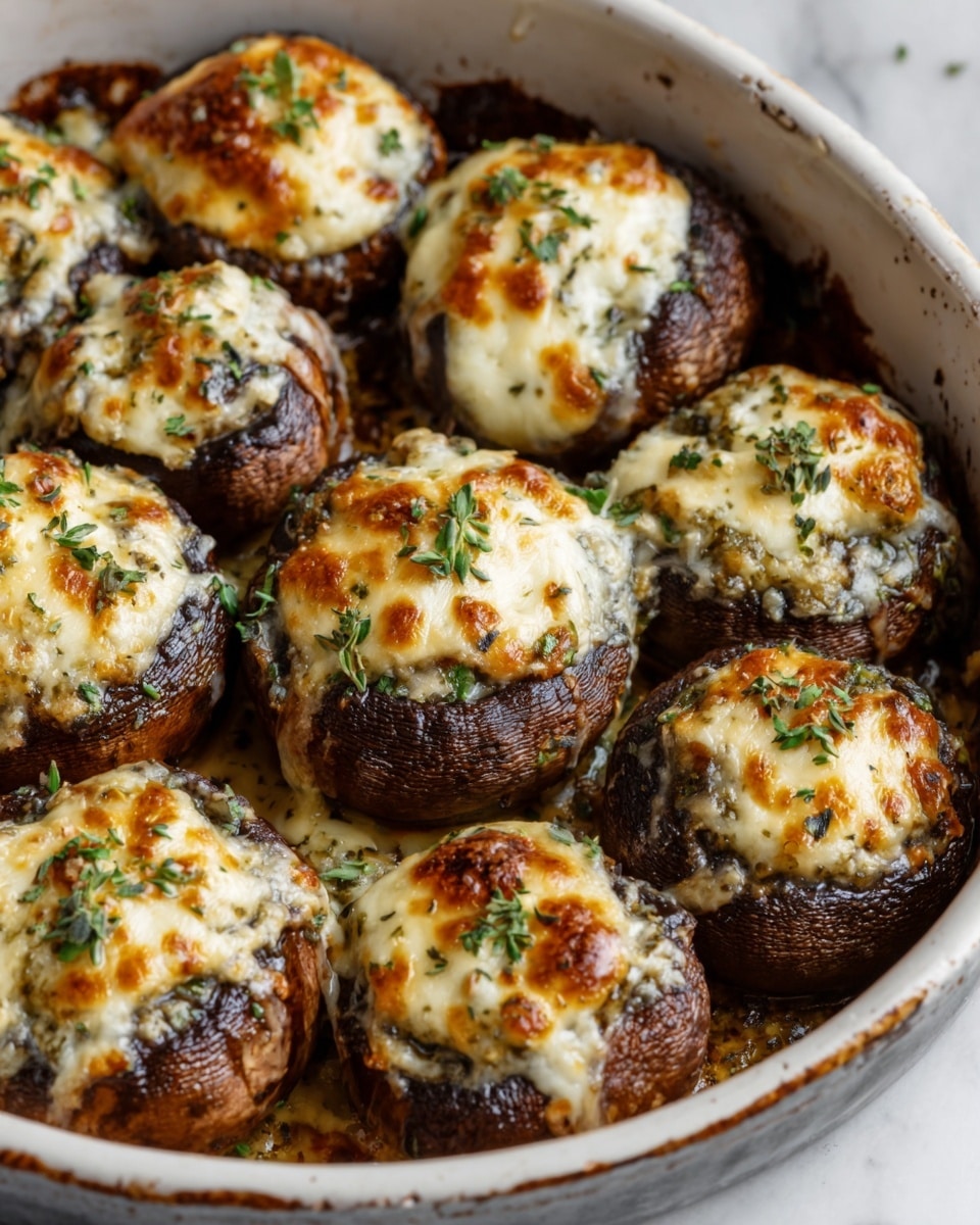 A large white baking dish filled edge to edge with fully stuffed and baked mushrooms, each cap generously topped with melted, golden-brown cheese bubbling over savory fillings and sprinkled with fresh green herbs, the whole dish perfectly roasted with slightly caramelized edges, shot from a 3/4 angle on a pristine white marble surface under natural lighting, styled like a hero image from a food magazine, photo taken with an iphone --ar 4:5 --v 7