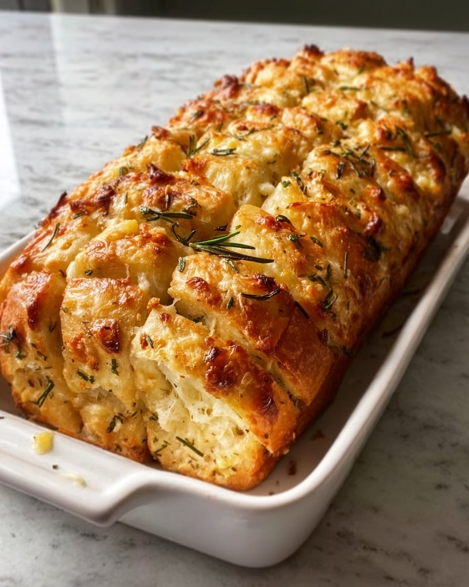 Long rectangular white ceramic baking dish filled with freshly baked cheesy garlic pull-apart bread, showcasing golden-brown tops with melted cheese and sprinkled herbs, each piece perfectly puffed and textured with visible garlic and rosemary, entire loaf intact and uncut, photographed from a 3/4 angle on a white marble background under natural lighting, styled like a hero shot in a food magazine, photo taken with an iphone --ar 4:5 --v 7