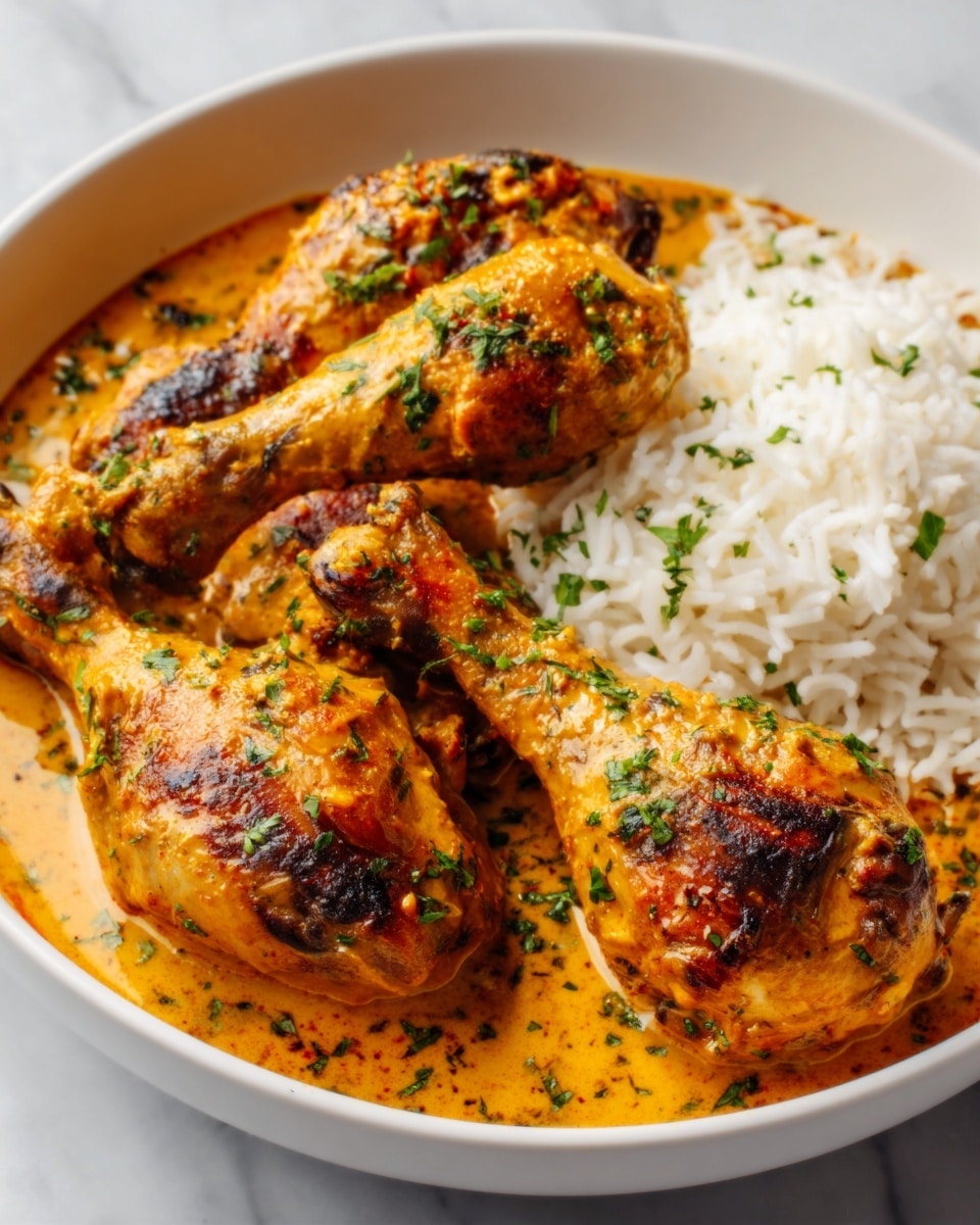 A large white bowl filled with several perfectly cooked whole grilled chicken drumsticks, arranged in a creamy, rich orange-hued sauce with specks of fresh herbs, accompanied by a generous serving of fluffy white rice on the side, presented as a complete hearty meal, photographed from a 3/4 angle on a white marble countertop under natural lighting, professional food magazine style photo taken with an iphone --ar 4:5 --v 7