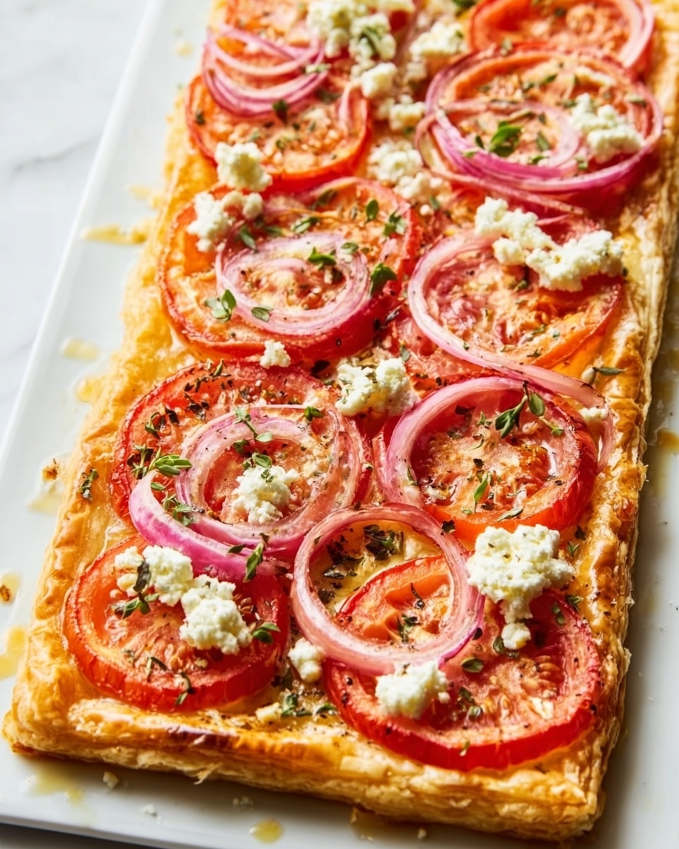 A large rectangular white serving platter showcasing the entire tomato and onion tart with a golden, flaky puff pastry crust, beautifully topped with evenly arranged fresh tomato slices, thinly sliced red onions, and crumbles of creamy white cheese, garnished with scattered fresh herbs and a light drizzle of olive oil, all captured in a professional 3/4 angle shot on a white marble background under natural lighting, like a hero shot from a food magazine, photo taken with an iphone --ar 4:5 --v 7