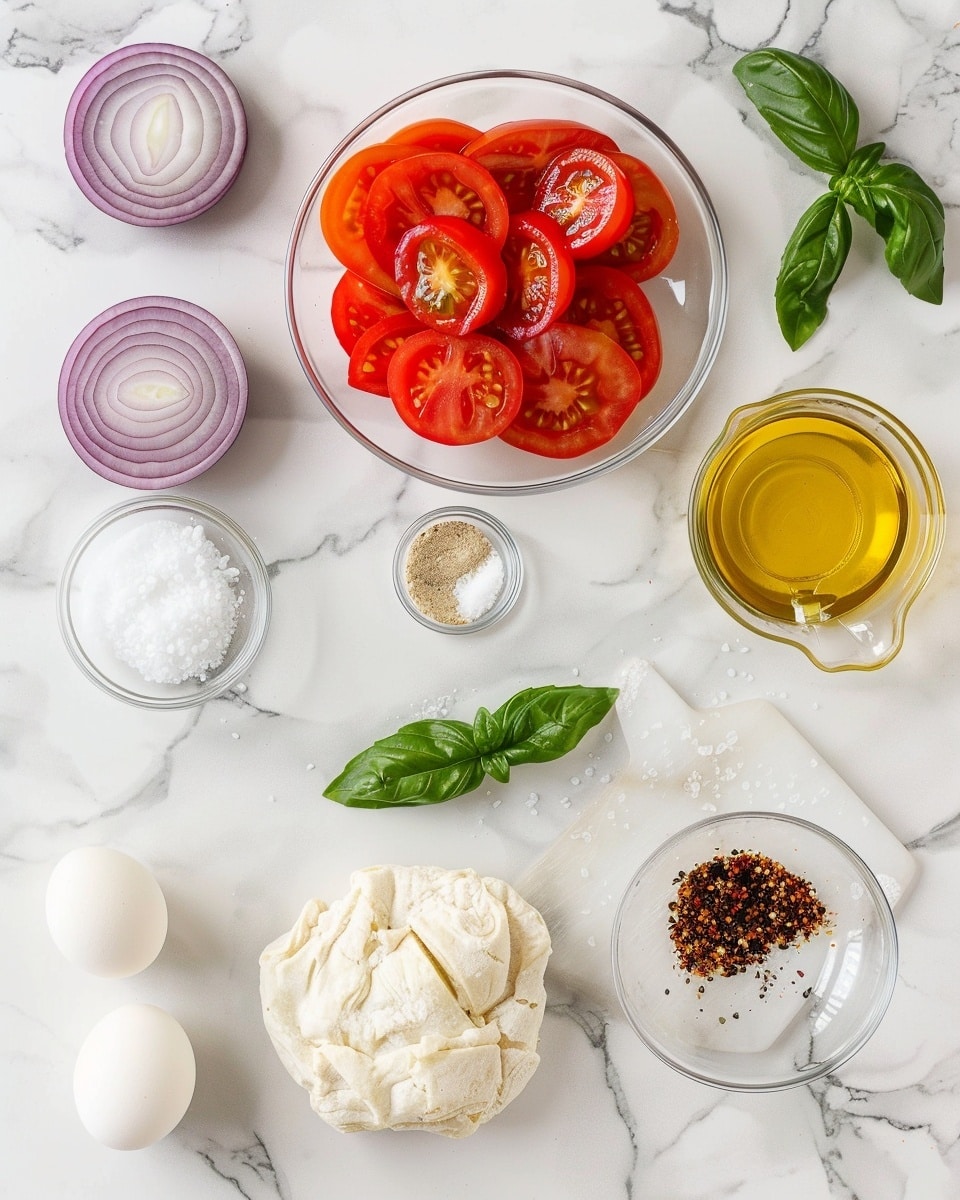 Single white rectangular plate with one slice of tomato tart featuring a flaky, golden puff pastry crust, topped with layers of thinly sliced fresh tomatoes, scattered crumbles of white cheese, and delicate rings of red onion, garnished with fresh herbs and a light drizzle of olive oil, interior textures of the crisp crust and juicy tomatoes visible from a slight side angle, natural lighting on white marble surface, styled as a ready-to-eat individual serving, photo taken with an iphone --ar 4:5 --v 7