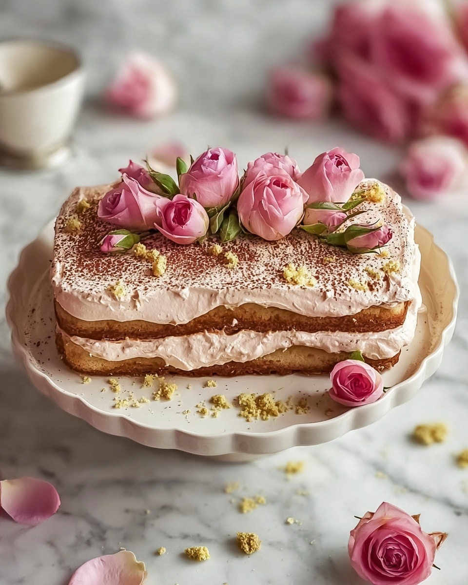 Whole rectangular tiramisu cake presented on an elegant white scalloped-edge cake stand, featuring thick layers of coffee-soaked ladyfingers and smooth light pink mascarpone cream, generously dusted with cocoa powder and adorned with delicate fresh pink rose petals and rosebuds arranged artfully on top, surrounded by scattered rose petals and golden crumbs on a white marble surface, captured in natural light with a professional 3/4 angle food magazine style, photo taken with an iphone --ar 4:5 --v 7