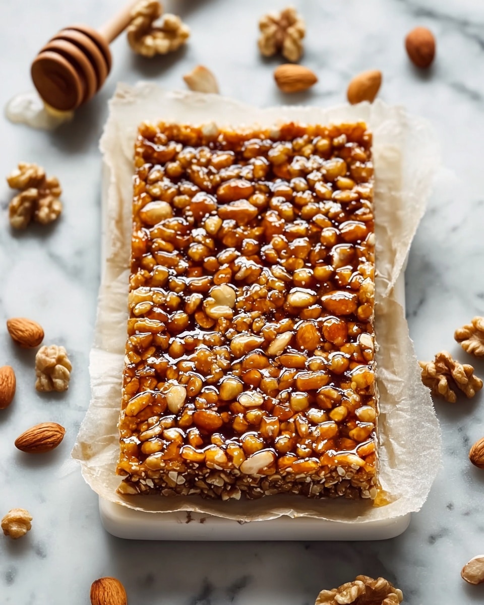 Large white rectangular baking tray displaying a whole nut and honey bar, densely packed with glossy almonds and walnuts coated in a rich amber honey glaze, resting on a piece of parchment paper with scattered whole almonds and walnut pieces around, set on a white marble countertop with natural light highlighting the glossy texture, professional food magazine hero shot photo taken with an iphone --ar 4:5 --v 7