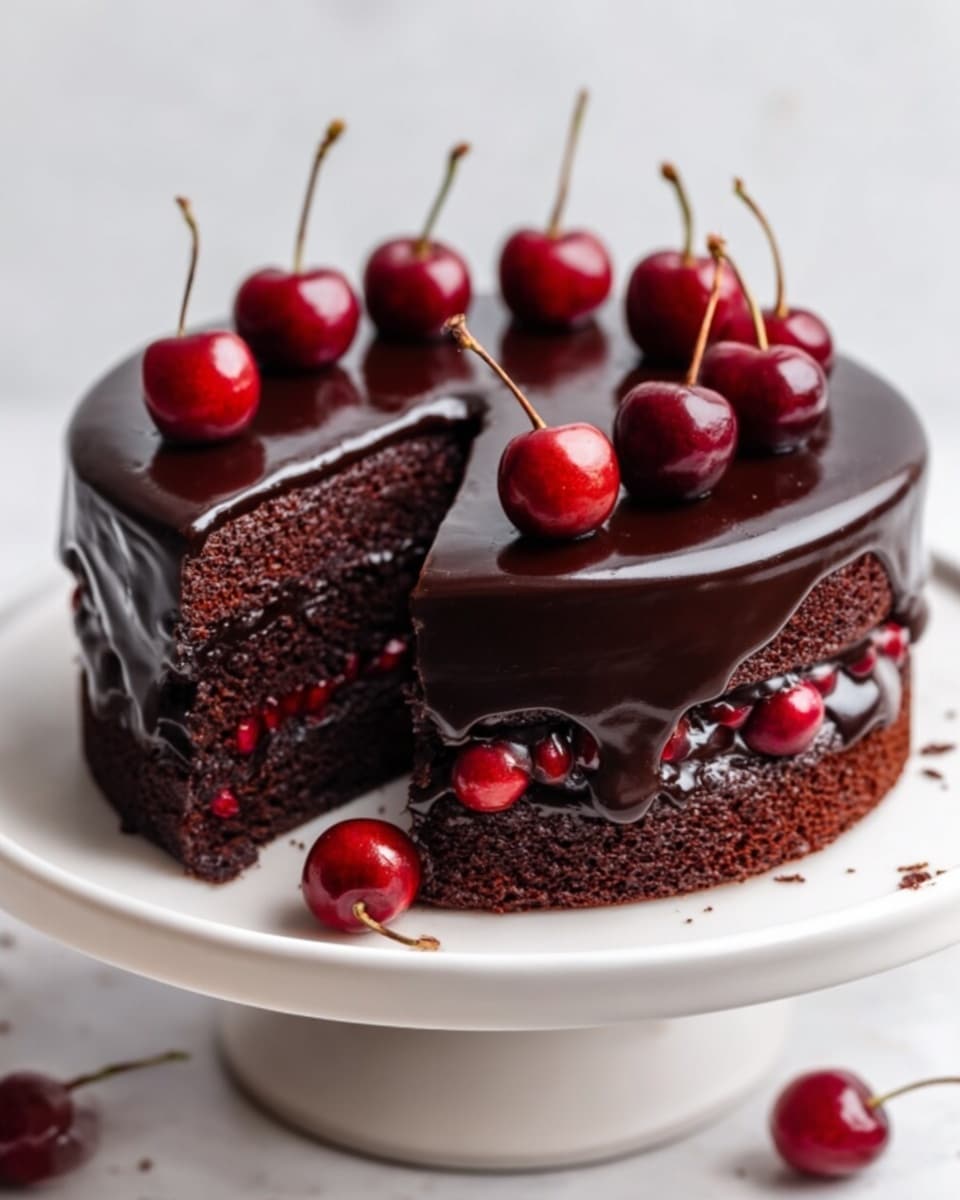 A whole, uncut, round chocolate layer cake with glossy dark chocolate ganache smoothly coating the entire surface, decorated with whole fresh cherries evenly spaced on top, some with stems, and a few cherries nestled around the base of the cake on a pristine white cake stand, presented on a white marble background with natural lighting, shot from a professional 3/4 angle, capturing the cake as a stunning centerpiece, photo taken with an iphone --ar 4:5 --v 7