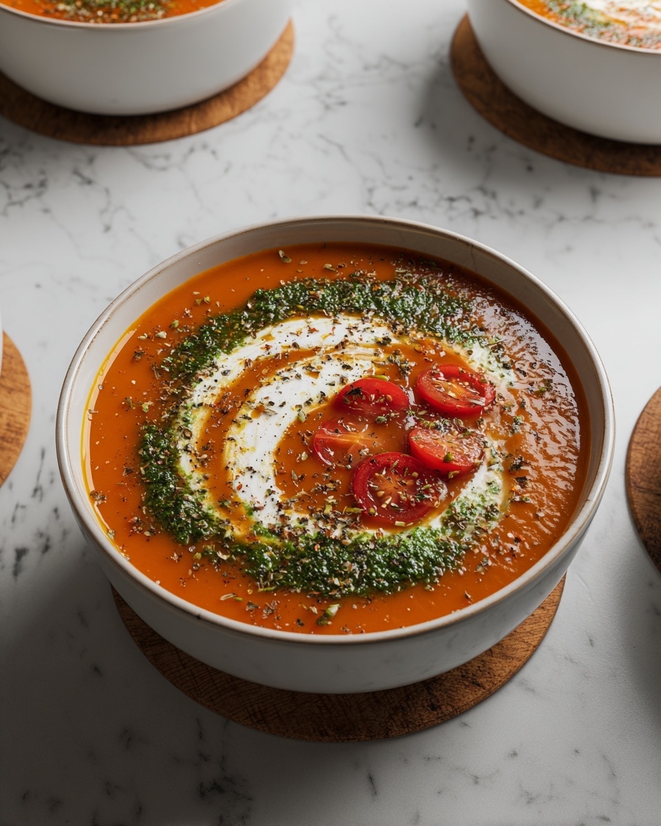 Large white ceramic bowl filled with creamy tomato soup, garnished with a generous swirl of sour cream and green pesto, dotted with fresh red tomato pieces and sprinkled with dried herbs and crushed black pepper, multiple servings arranged together in similar white bowls on a white marble countertop, natural lighting highlighting the vibrant orange-red hues of the soup, professional overhead food magazine style photo taken with an iphone --ar 4:5 --v 7