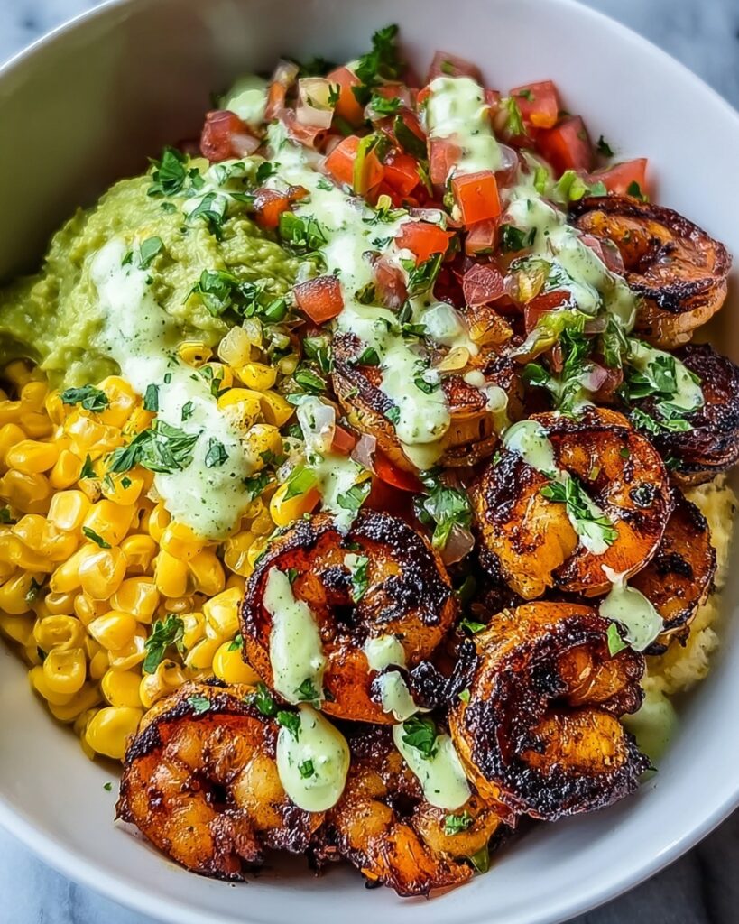 Grilled Shrimp Bowl with Avocado, Corn Salsa & Creamy Garlic Sauce Recipe