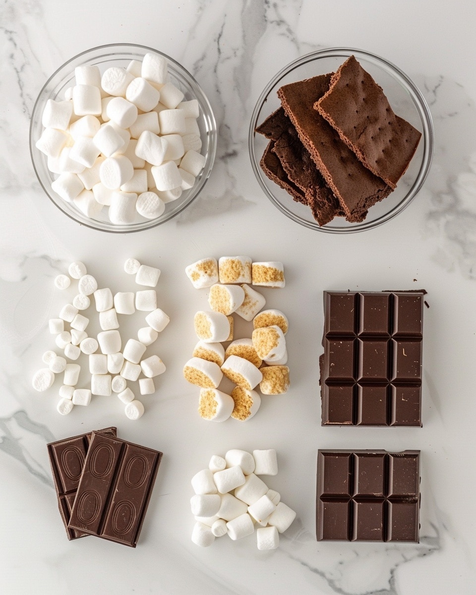 Single white plate featuring one thick, decadent layered bar showing rich fudgy chocolate brownie base, gooey melted chocolate layer, creamy marshmallow topping with perfectly toasted mini marshmallows, and crumbly golden graham cracker streusel, close-up angled shot emphasizing the contrast of textures and layers, all set on a white marble surface in natural light, styled like a food blog serving ready to eat, photo taken with an iphone --ar 4:5 --v 7