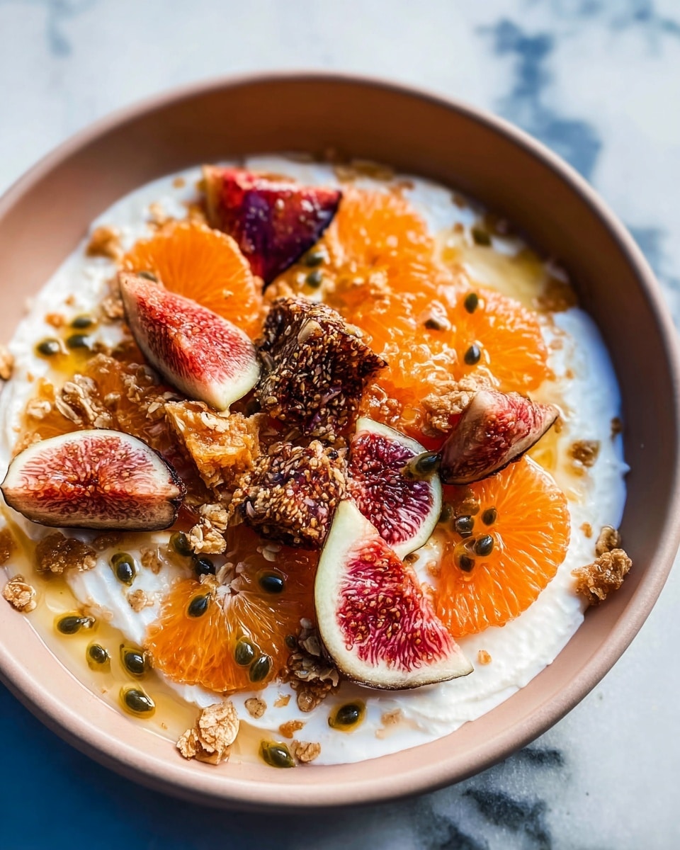 Large white bowl filled to the brim with creamy yogurt topped generously with crunchy golden granola scattered evenly, surrounded by neatly arranged fresh fig halves, bright orange slices, and thin banana slices adorned with seeds, all presented in a vibrant, colorful display. The whole dish is captured from a slightly overhead 3/4 angle on a white marble background under natural light, styled like a professional food magazine hero shot. Photo taken with an iphone --ar 4:5 --v 7