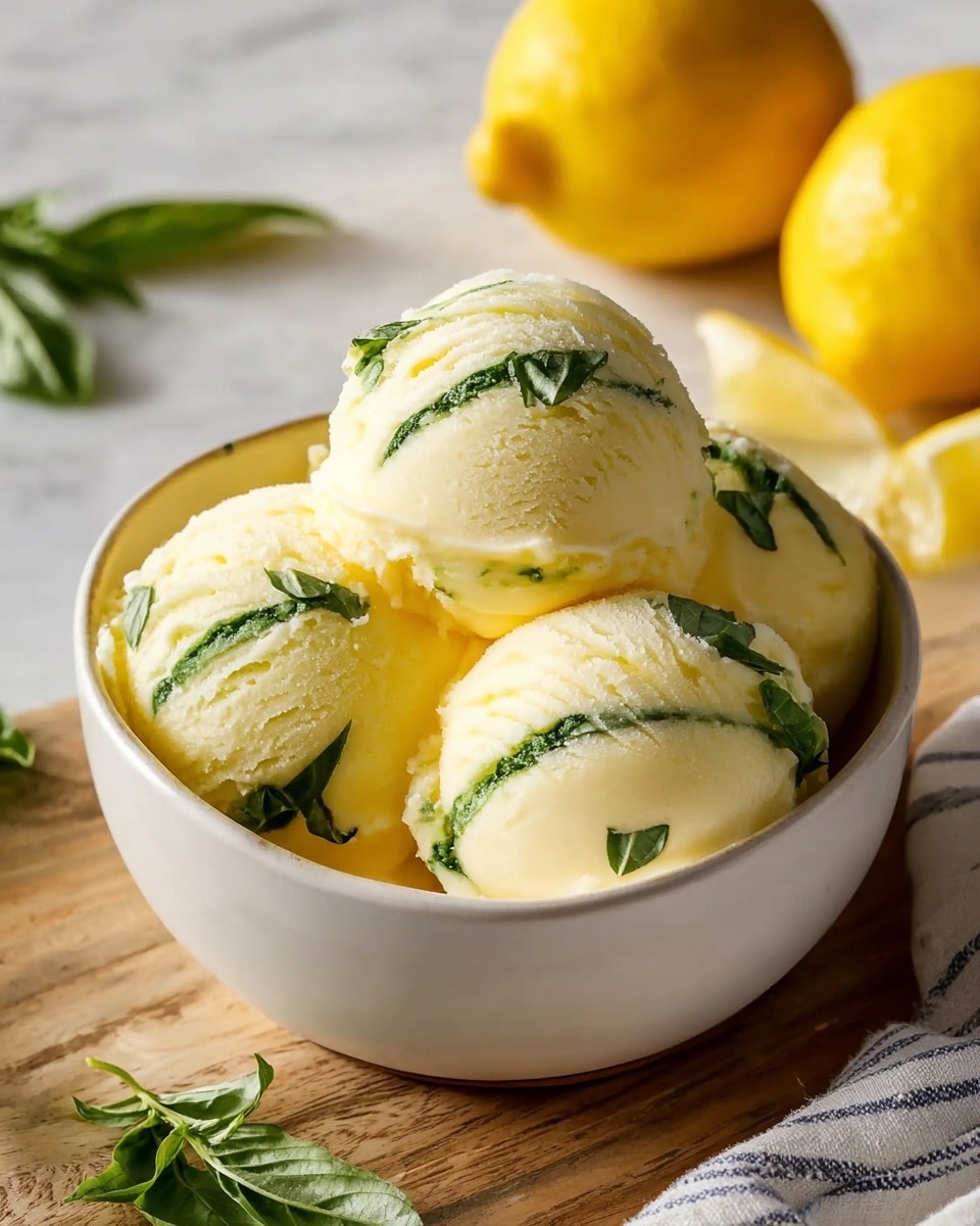 White bowl filled with multiple generous scoops of smooth, pale yellow lemon sorbet swirled with vibrant green basil streaks, garnished naturally with fresh basil leaves, whole dish presented in a pristine white bowl on a rustic wooden surface with bright yellow lemons softly blurred in the background, photographed from a 3/4 angle on a white marble countertop with natural lighting, professional food magazine style photo taken with an iphone --ar 4:5 --v 7