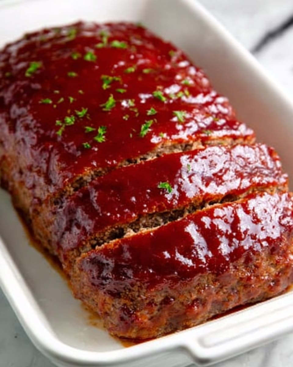 A large white rectangular serving dish filled with the entire classic glazed meatloaf, fully intact and uncut, topped evenly with a shiny, rich red barbecue glaze that glistens under natural light. The surface is smooth and glossy, showcasing the moist texture of the perfectly baked meatloaf, sitting centered on a pristine white marble countertop. The photo is taken from a professional 3/4 angle to capture the full length and appealing detail of the dish, styled as a polished hero shot from a food magazine. Photo taken with an iphone --ar 4:5 --v 7