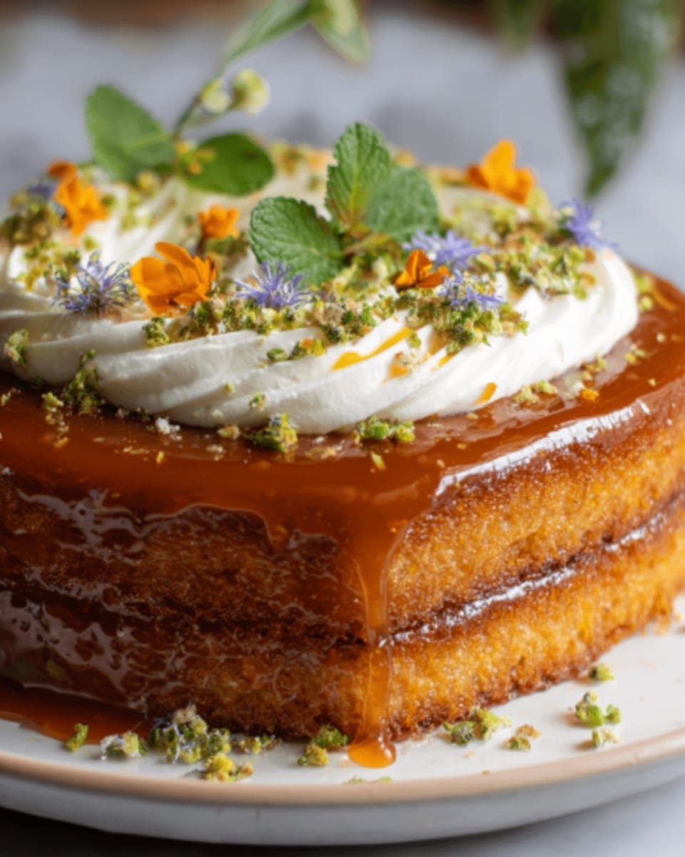 A whole round layered honey cake displayed on a white plate, fully intact with smooth caramel glaze covering the entire cake surface, decorated with small fresh herbs and edible flowers on top and around the edges, surrounded by a swirl of whipped cream garnished with tiny orange flower petals and green leaves, shot at a slightly angled close-up to showcase the moist texture and glossy finish, set against a white marble background with natural lighting, professional food magazine style photo taken with an iphone --ar 4:5 --v 7