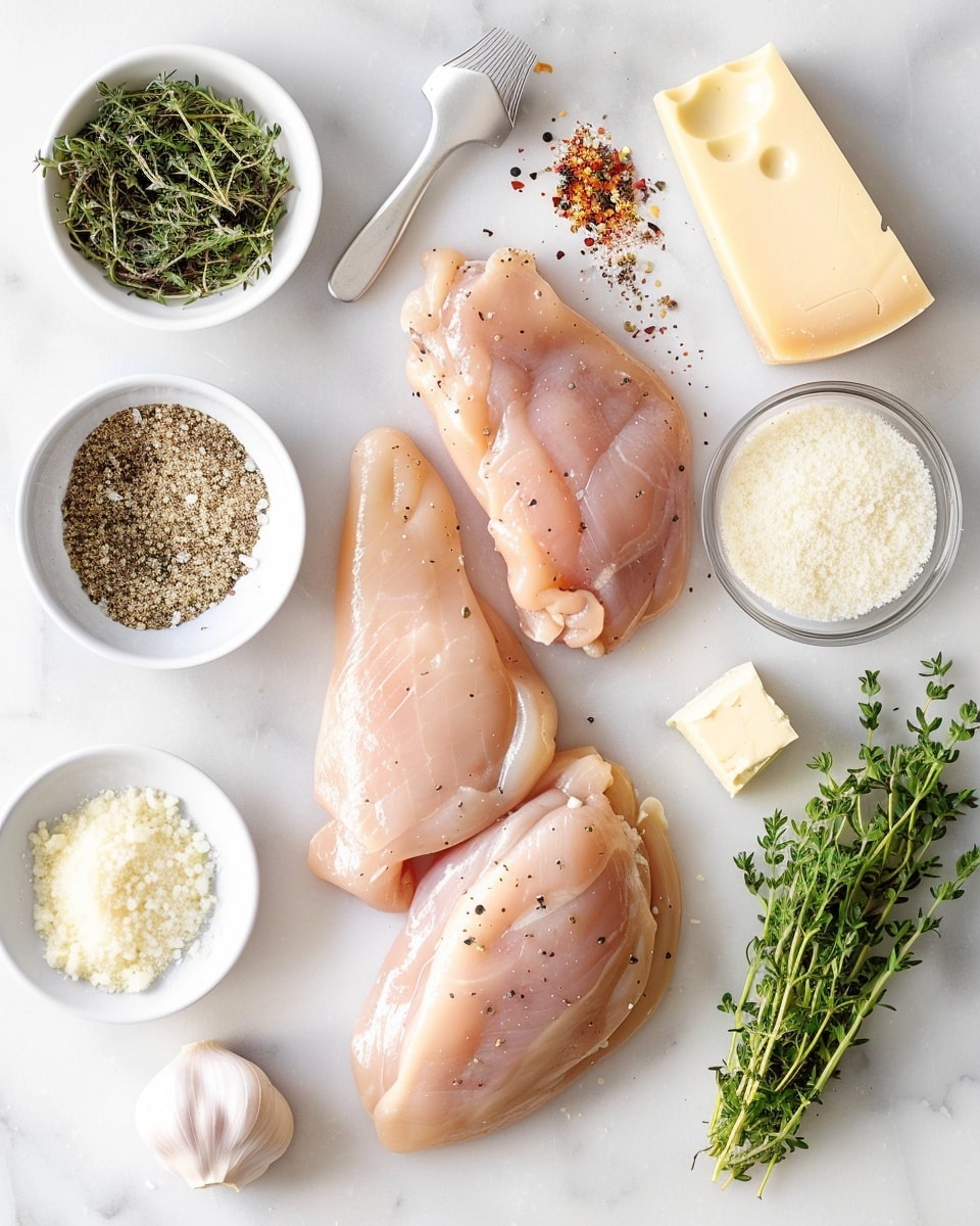 Single plated portion of a golden herb-crusted, breaded cheese-stuffed chicken cutlet on a white plate, close-up angled view revealing the melted creamy cheese oozing from the tender interior, topped with finely chopped thyme and crunchy toasted breadcrumbs, drizzled with a shiny herb-infused butter sauce pooling gently around the cutlet, served on white marble surface with natural lighting, styled like a food blog serving photo taken with an iphone --ar 4:5 --v 7