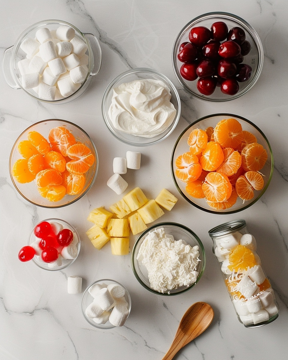 Single white bowl with a close-up, intimate view of a generous single serving of creamy ambrosia salad layered with small cubes of colorful fruit gelatin, mandarin orange segments, coconut flakes sprinkled on top, and visible creamy texture holding the fruit pieces together, all sitting on a clean white marble surface with natural lighting, styled like an individual serving from a food blog, photo taken with an iphone --ar 4:5 --v 7