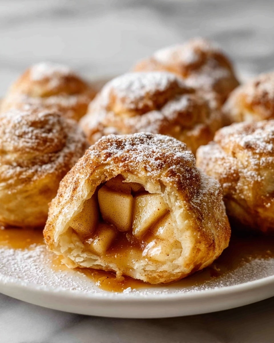 A white plate holding a complete batch of golden-brown apple dumplings, each dumpling perfectly wrapped in flaky pastry dusted generously with powdered sugar and cinnamon, the warm caramel apple filling peeking through some tops, arranged neatly in a circular pattern to showcase the entire dish, shot from a 3/4 angle on a white marble background with natural lighting, styled like a professional food magazine hero shot, photo taken with an iphone --ar 4:5 --v 7