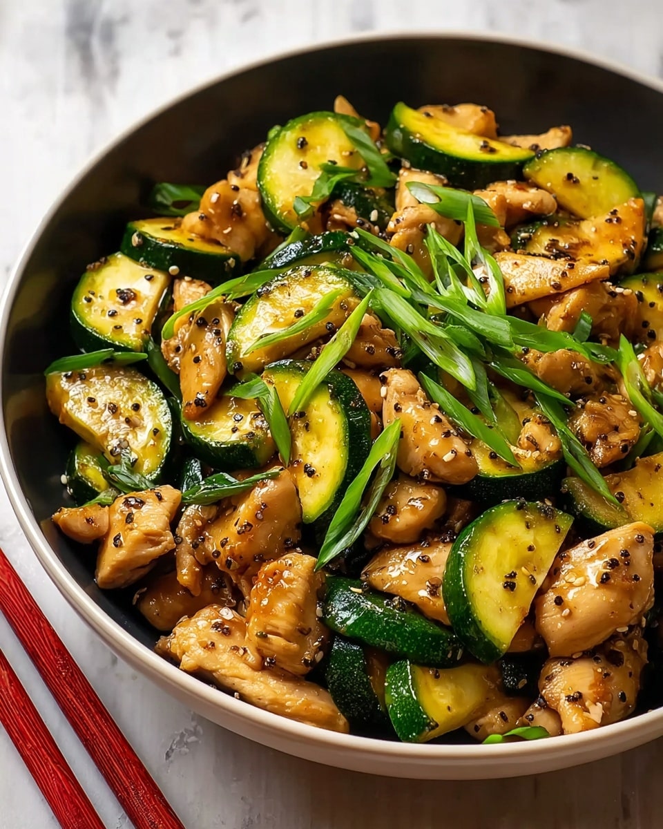 Large white serving bowl filled with a vibrant stir-fry featuring tender pieces of chicken and generous slices of green zucchini, all coated in a glossy sauce speckled with black pepper, garnished with fresh green onion slivers, whole dish photographed at a 3/4 angle on a white marble countertop with natural lighting, professional food styling photo taken with an iphone --ar 4:5 --v 7