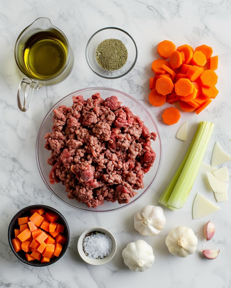 Single white bowl containing a hearty serving of homemade beef and vegetable soup, featuring visible chunks of tender ground beef, sliced carrots, potatoes, green peas, celery, and tomatoes in a rich, clear broth, fresh rosemary sprigs floating on top, close-up angled shot emphasizing the textures and colors of the vegetables and meat, steam gently rising, placed on a white marble surface, styled like a cozy individual meal from a food blog, photo taken with an iphone --ar 4:5 --v 7