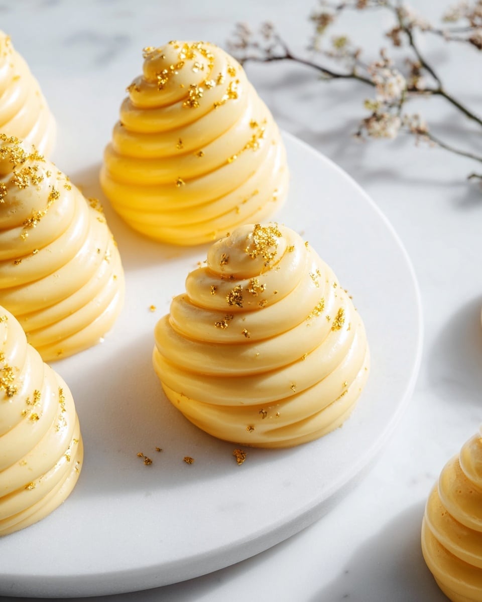 A pristine white marble serving platter showcasing multiple whole spiral-shaped yellow mousse desserts, each elegantly decorated with delicate flecks of edible gold leaf, arranged artfully to display their smooth, glossy surface and intricate swirl pattern, set against a white marble countertop under natural lighting, professional food magazine hero shot taken with an iphone --ar 4:5 --v 7
