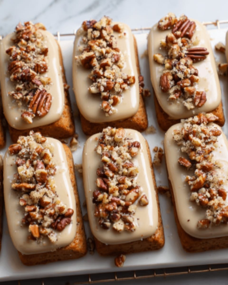 A large white rectangular platter featuring a full batch of uniform maple-glazed rectangular cookies topped with generous portions of chopped nuts and whole pecans, each cookie evenly iced with smooth maple frosting, meticulously arranged in perfect rows, highlighting their glossy texture and nutty toppings. The entire batch is displayed on a white marble surface with natural lighting that accentuates the golden-brown color and shiny glaze, styled as a hero shot in a professional food magazine style. Photo taken with an iphone --ar 4:5 --v 7