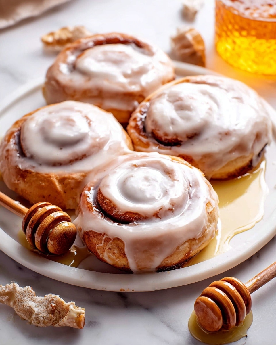 Large white plate displaying a full batch of round cinnamon rolls generously coated with smooth, glossy white icing, arranged together to showcase their classic spiral shape, surrounded by wooden honey dippers with drizzles of golden honey pooling elegantly on a white marble surface, photographed from a professional 3/4 angle with natural lighting, capturing the entire dish as a hero shot from a food magazine, photo taken with an iphone --ar 4:5 --v 7