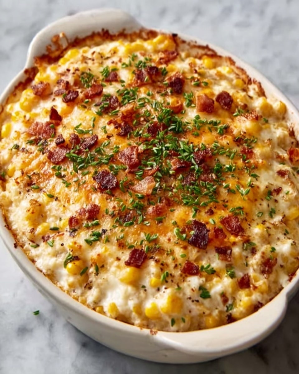 A large white ceramic baking dish filled to the brim with creamy, cheesy corn casserole topped evenly with golden melted cheese, scattered crispy bacon bits, and finely chopped fresh herbs, the entire dish perfectly baked with slight browning on the edges, sitting on a white marble surface under natural light, styled as a professional food magazine hero shot showing the whole casserole in-frame from a 3/4 angle, photo taken with an iphone --ar 4:5 --v 7
