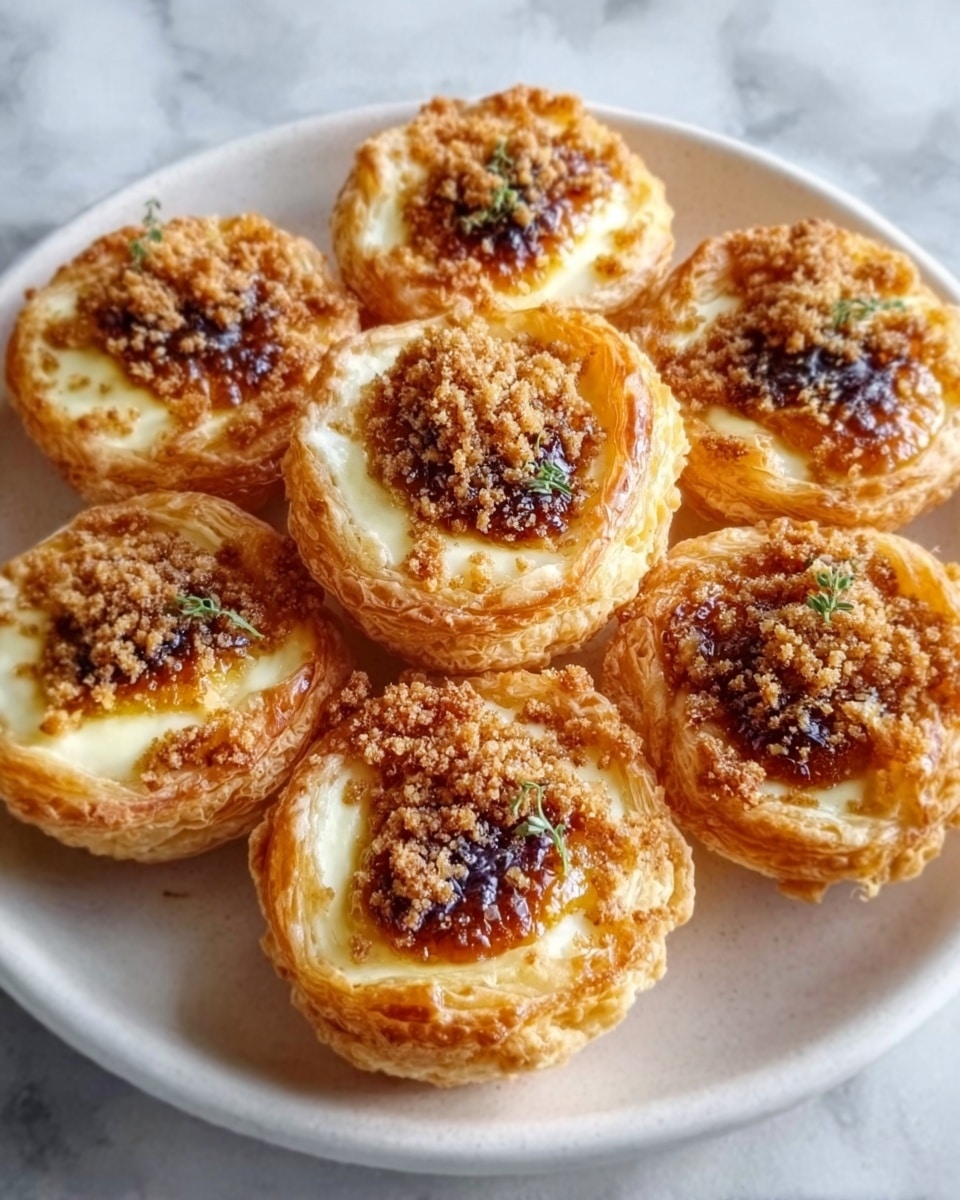 A pristine white plate showcasing a complete arrangement of golden-brown puff pastry tarts filled with creamy custard topped with glistening, caramelized brown sugar and sprinkled with finely crushed nuts, each tart perfectly formed and evenly spaced to highlight their flaky texture and glossy topping, set against a white marble background with natural lighting, professional food styling, photo taken with an iphone --ar 4:5 --v 7