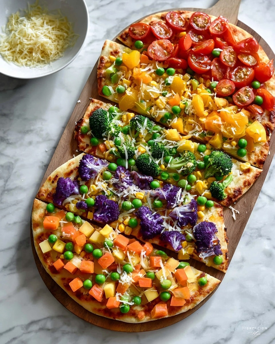 Oval white serving platter with a vibrant vegetable flatbread pizza topped in organized rows of halved cherry tomatoes, diced orange bell peppers, yellow squash slices with corn kernels, green peas, broccoli florets, and purple cauliflower, all sprinkled with shredded cheese, set on a white marble countertop, natural lighting highlighting the colorful freshness, professional food magazine hero shot taken with an iphone --ar 4:5 --v 7