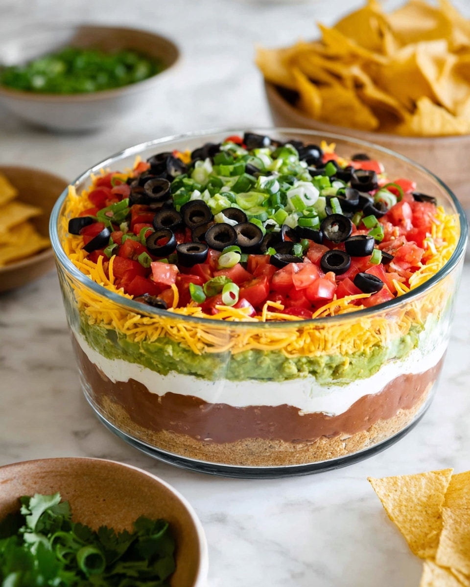 Large clear glass bowl filled with a complete seven-layer dip featuring distinct layers of refried beans, sour cream, creamy guacamole, diced ripe tomatoes, shredded sharp cheddar cheese, chopped fresh green onions, and sliced black olives on top, presented on a white marble countertop with bowls of golden tortilla chips and a bowl of fresh green herbs in the background, natural lighting highlighting the vibrant colors, professional 3/4 angle food magazine style photo taken with an iphone --ar 4:5 --v 7