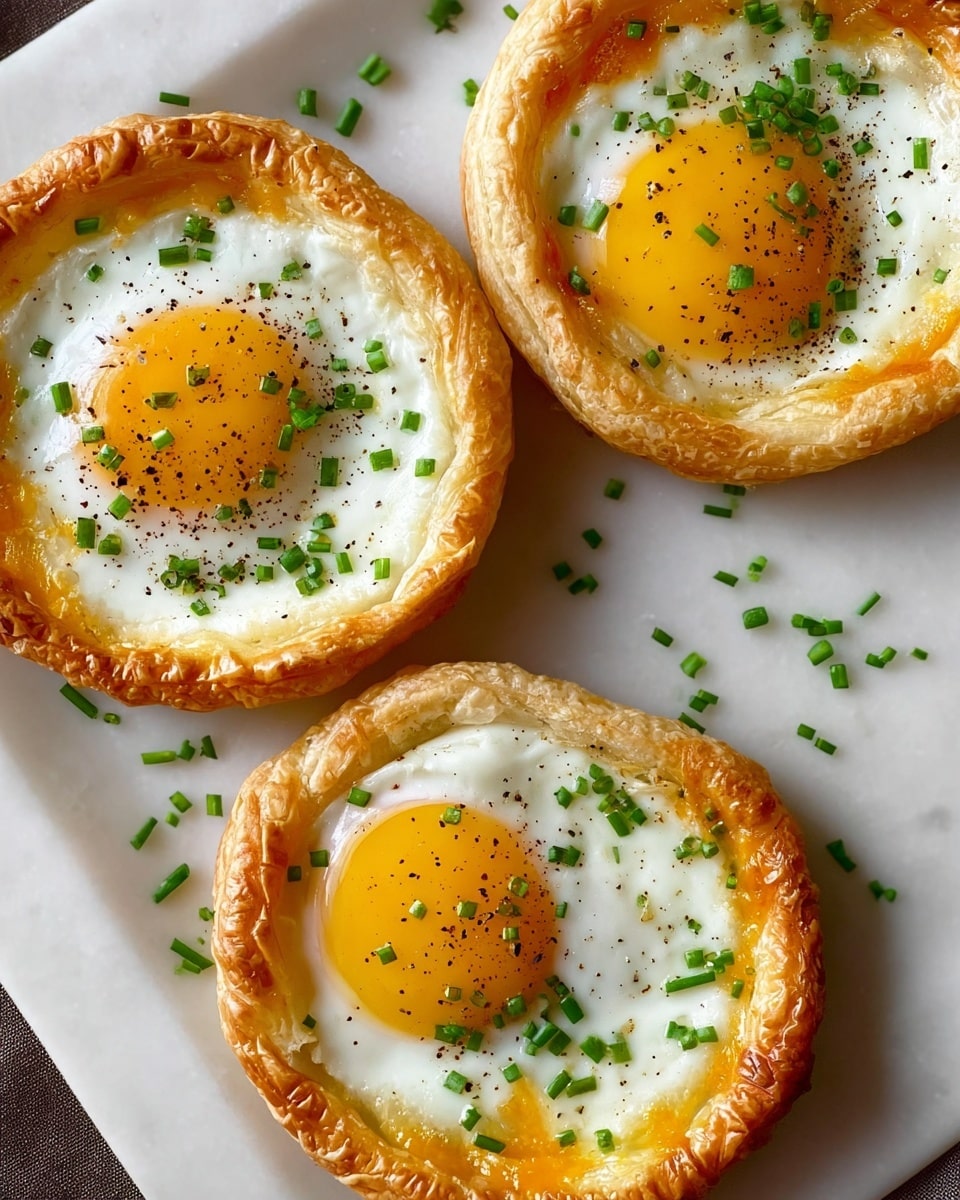 Three whole white ceramic plates arranged with perfectly baked puff pastry nests, each containing a whole sunny-side-up egg, sprinkled generously with freshly chopped chives and cracked black pepper, the puff pastry golden and flaky with melted cheddar cheese visible beneath the eggs, displayed on a white marble countertop with natural lighting highlighting the textures, professional overhead food photography style, photo taken with an iphone --ar 4:5 --v 7