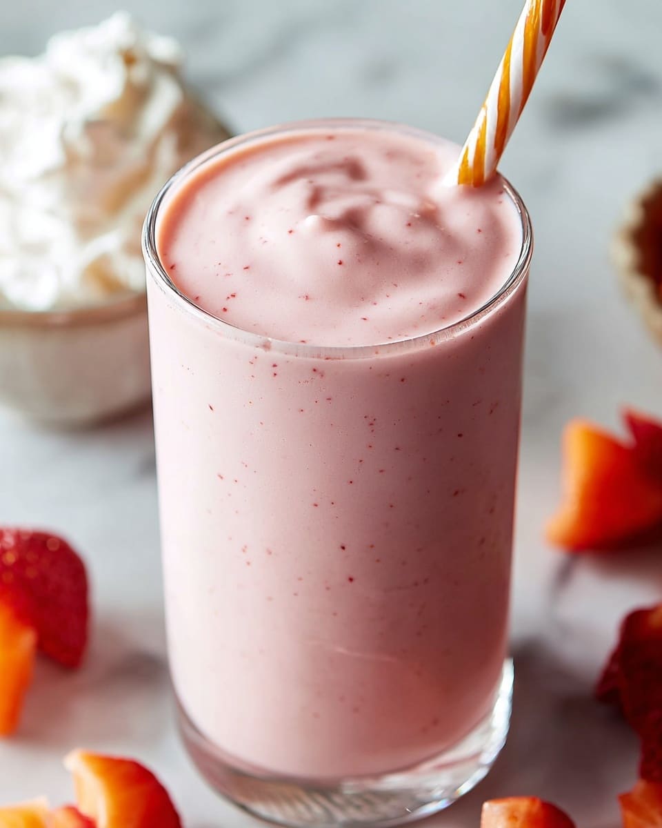Large white glass filled with a creamy strawberry smoothie, the entire serving showing a smooth pink texture with tiny specks of strawberry seeds throughout, garnished with a striped amber and white straw, accompanied by a bowl of fresh whipped cream and sliced strawberries around the glass on a white marble background, natural lighting, professional food styling, photo taken with an iphone --ar 4:5 --v 7