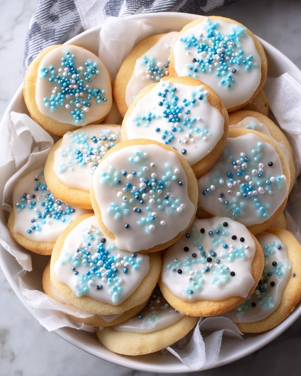 A large white bowl filled with a generous batch of soft sugar cookies, each topped evenly with smooth white icing and decorated with delicate pastel blue, white, and black snowflake and pearl-shaped sprinkles, arranged invitingly to show the full complement of frosted cookies, shot from an overhead angle on a white marble countertop with natural lighting, professional food magazine style photo taken with an iphone --ar 4:5 --v 7