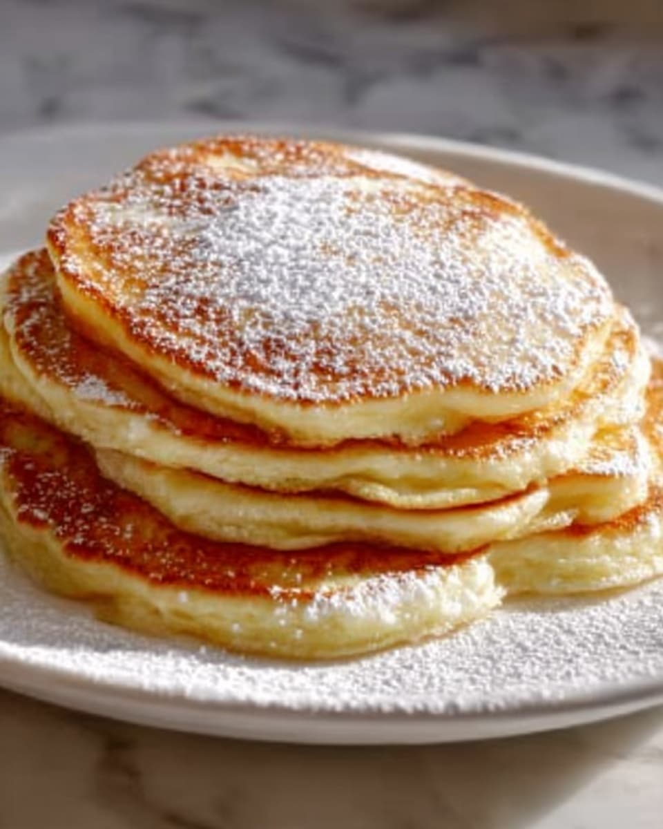 Large white oval platter holding a generous stack of golden, fluffy pancakes with a light, evenly browned surface, dusted with a fine layer of powdered sugar, showcasing the full stack in pristine condition, set on a white marble countertop with natural lighting that highlights the delicate texture and subtle crisp edges, styled as a hero shot for a food magazine, photo taken with an iphone --ar 4:5 --v 7