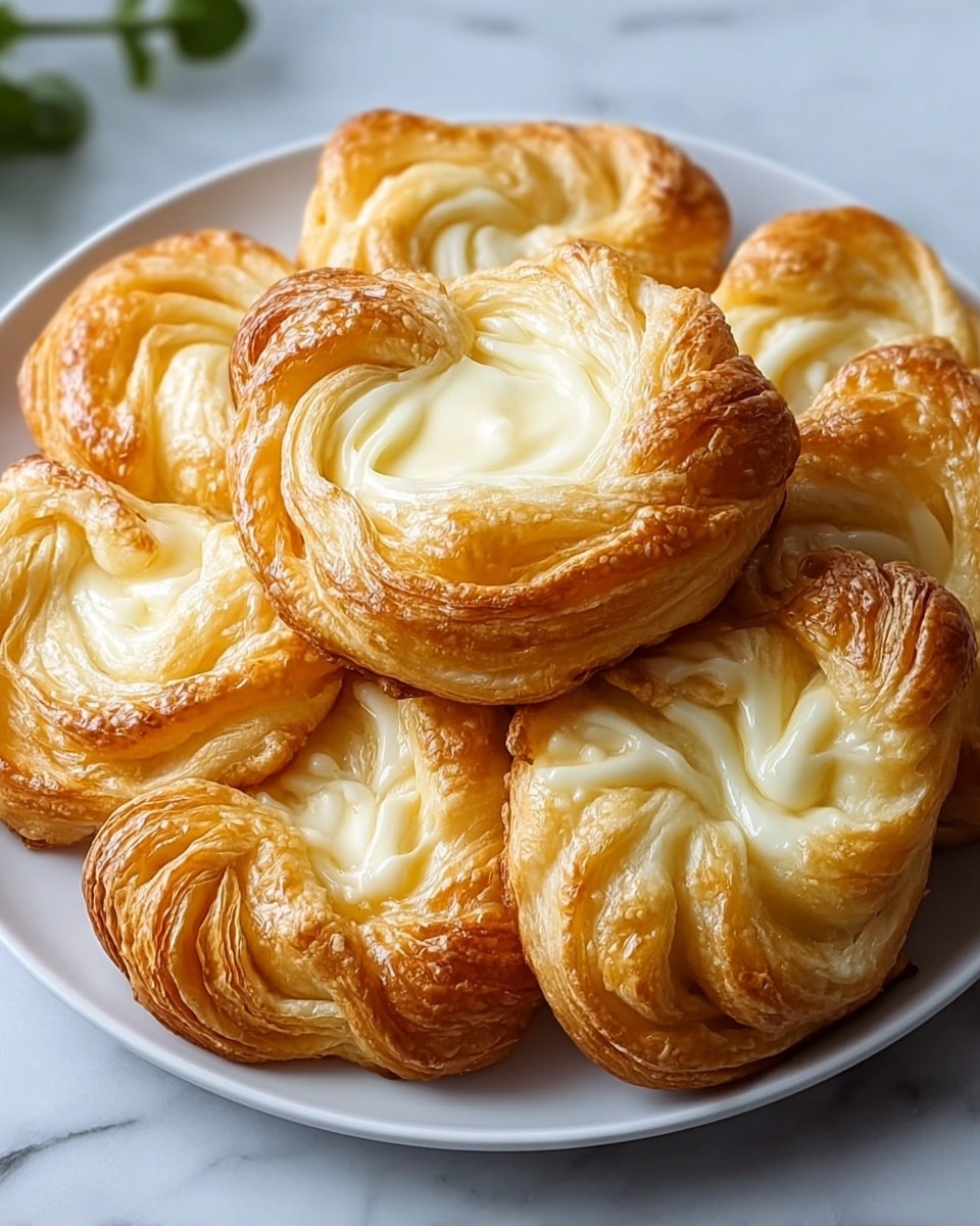 Large white plate holding a full batch of freshly baked cream cheese danishes, each with golden, flaky, and perfectly layered puff pastry twisted elegantly around a smooth and glossy cream cheese filling, arranged closely together to show the entire set, presented on a white marble surface with natural lighting highlighting the delicate texture and creamy centers, professional food magazine style hero shot photo taken with an iphone --ar 4:5 --v 7