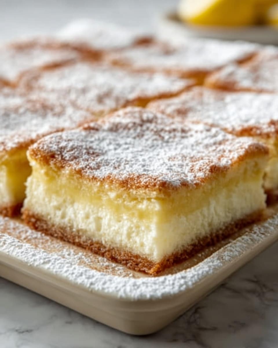 Whole large rectangular white baking dish filled with a freshly baked lemon custard slice dessert, showing a smooth golden custard layer on top of a thick, fluffy cake base, dusted entirely with powdered sugar and a light sprinkling of ground cinnamon, edges perfectly risen and slightly browned, entire uncut dessert in frame, shot from a 3/4 angle on a white marble background with natural lighting, styled like a hero shot from a food magazine, photo taken with an iphone --ar 4:5 --v 7