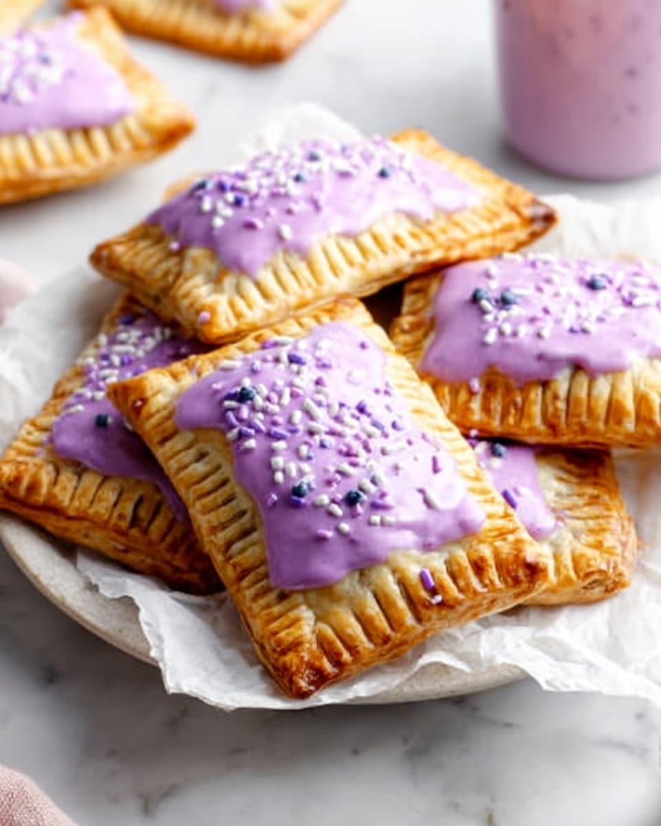 A pristine white serving plate filled with a full batch of freshly baked rectangular hand pies, each golden-brown with crimped edges and topped generously with vibrant purple glaze and sprinkled with white and lavender decorative sprinkles, arranged neatly on white parchment paper. The scene is captured in a professional 3/4 angle shot on a white marble countertop with soft natural lighting, highlighting the flaky texture and colorful decoration, presenting the entire uncut batch as a tempting, complete dessert offering, photo taken with an iphone --ar 4:5 --v 7