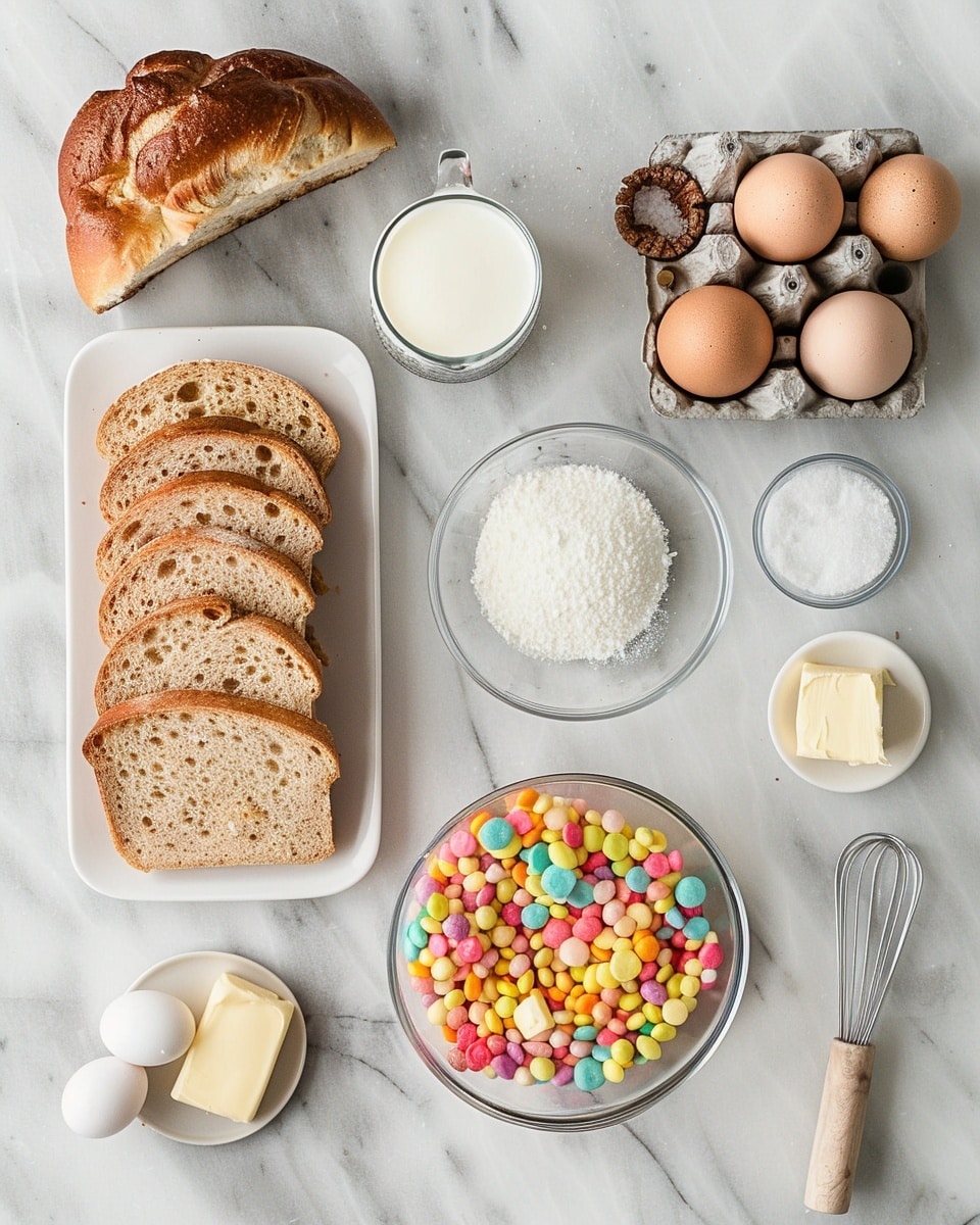 Single white plate with a stacked portion of colorful Fruity Pebbles French toast, close-up angled view showcasing the thick toasted slices coated with vibrant cereal flakes, a swirl of fresh whipped cream on top decorated with more Fruity Pebbles, a fresh strawberry placed beside the toast, all set on a white marble surface with natural lighting highlighting the crispy texture and bright colors, styled like a food blog serving, photo taken with an iphone --ar 4:5 --v 7