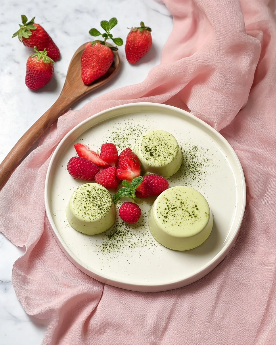 A pristine white round plate showcasing a full set of six perfectly molded matcha panna cottas, each topped with a light dusting of matcha powder, arranged neatly in a circle. Fresh, vibrant strawberries and plump raspberries are interspersed between the panna cottas, enhancing the fresh and inviting presentation. The scene is set on a soft pink fabric draped over a bright white marble surface, bathed in natural light to highlight the smooth texture and delicate color of the dessert, hero-style food magazine shot, photo taken with an iphone --ar 4:5 --v 7