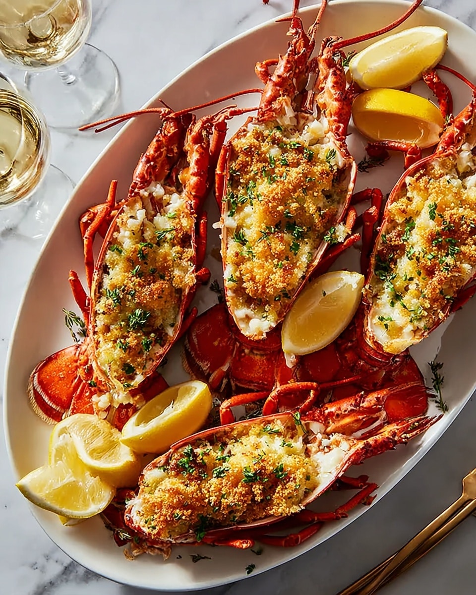 A large white oval serving platter arranged with multiple whole baked stuffed lobsters, each cut in half lengthwise and generously filled with a golden herb breadcrumb and garlic butter mixture, garnished with fresh thyme sprigs and finely chopped parsley. Surrounding the lobsters are several lemon wedges for squeezing, all beautifully presented on a white marble countertop with natural lighting that enhances the vibrant red shells and creamy filling, styled as a professional hero food shot. Photo taken with an iphone --ar 4:5 --v 7