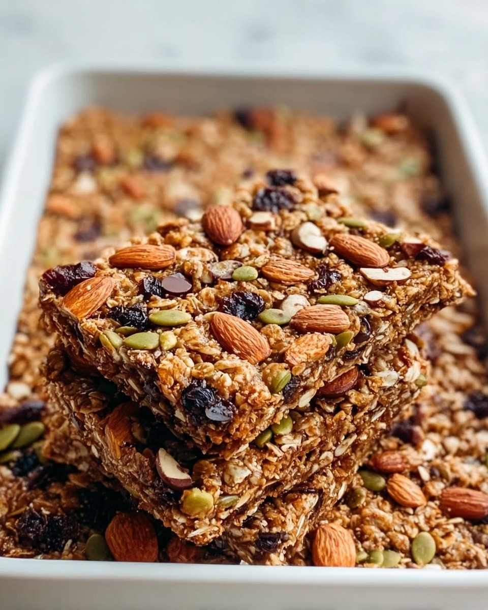 A large white rectangular baking dish filled with an entire batch of freshly baked mixed nut and seed granola bars, packed densely with visible almonds, pumpkin seeds, and chocolate chips, evenly golden brown and glistening lightly, with a textured top showing the crunchy clusters and nuts, presented on a white marble countertop with natural lighting, photographed from a 3/4 angle like a professional food magazine hero shot, photo taken with an iphone --ar 4:5 --v 7