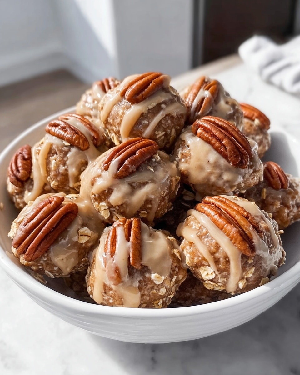 A large white bowl filled to the brim with perfectly round, glossy pecan-covered dessert balls, each adorned with whole toasted pecans and a drizzle of creamy glaze, showcasing a consistent texture with a sprinkle of oats for added rustic appeal. The bowl is placed on a pristine white marble countertop, captured from a slight 3/4 angle using natural lighting that highlights the shine and texture of the pecans and glaze, styled elegantly like a hero shot from a high-end food magazine. Photo taken with an iphone --ar 4:5 --v 7
