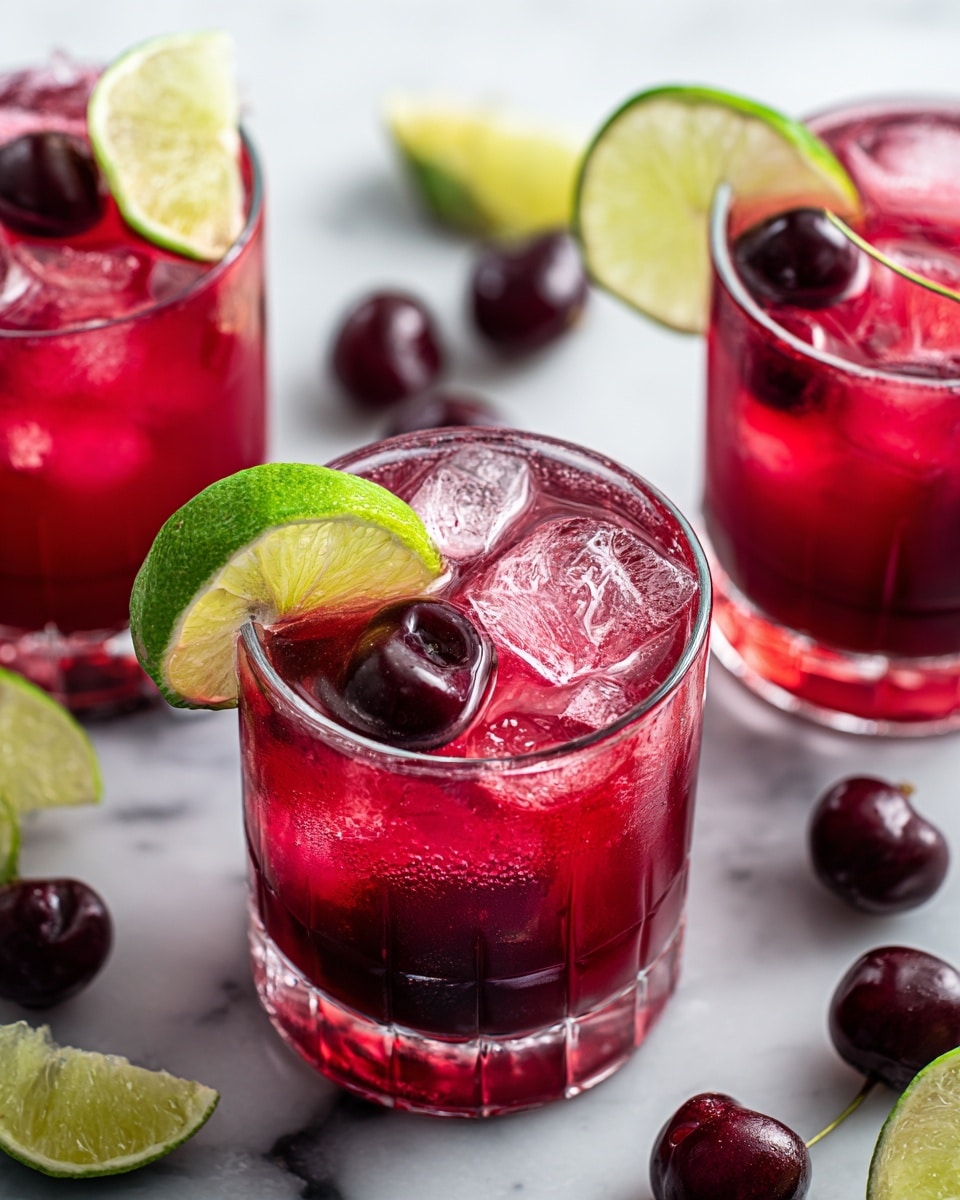 Large white marble countertop featuring multiple clear old-fashioned glasses filled with vibrant deep red cherry limeade, each glass brimming with ice cubes, garnished with bright green lime wheels and ripe dark cherries scattered artfully around, showcasing the full refreshing beverage in an elegant, cohesive arrangement, photographed from a professional 3/4 angle with natural lighting like a hero food magazine shot, photo taken with an iphone --ar 4:5 --v 7
