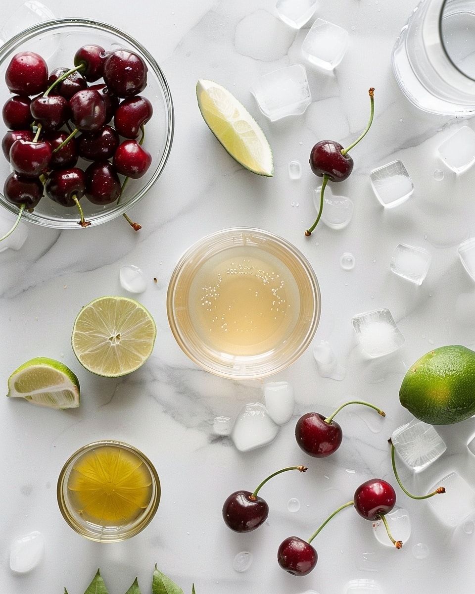 Single white short glass filled with a vibrant deep red cherry cocktail over ice cubes, garnished with a fresh lime wheel resting on the rim and a few dark cherries inside, close-up angled shot capturing condensation on the glass and the rich color of the drink, surrounded by a few lime halves and cherries on a white marble surface under natural light, styled as an inviting single serving, photo taken with an iphone --ar 4:5 --v 7
