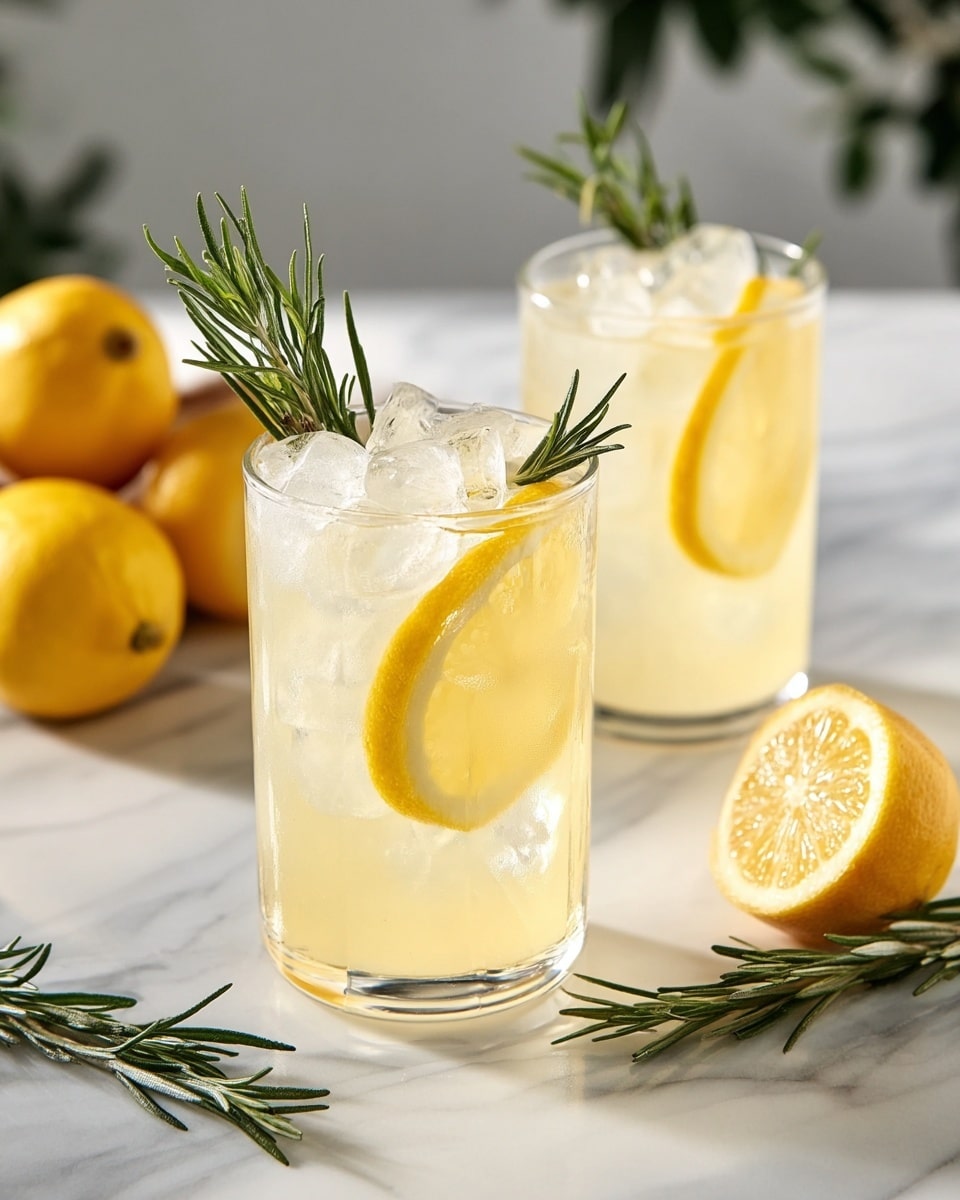 Two clear white glasses filled with a refreshing lemon rosemary cocktail, brimming with ice cubes, each garnished with a vibrant yellow lemon wheel on the rim and a fresh sprig of rosemary submerged in the drink, arranged on a white marble countertop with whole and halved lemons and additional rosemary sprigs artfully placed around, photographed from a 3/4 angle with natural lighting, professional food styling photo taken with an iphone --ar 4:5 --v 7