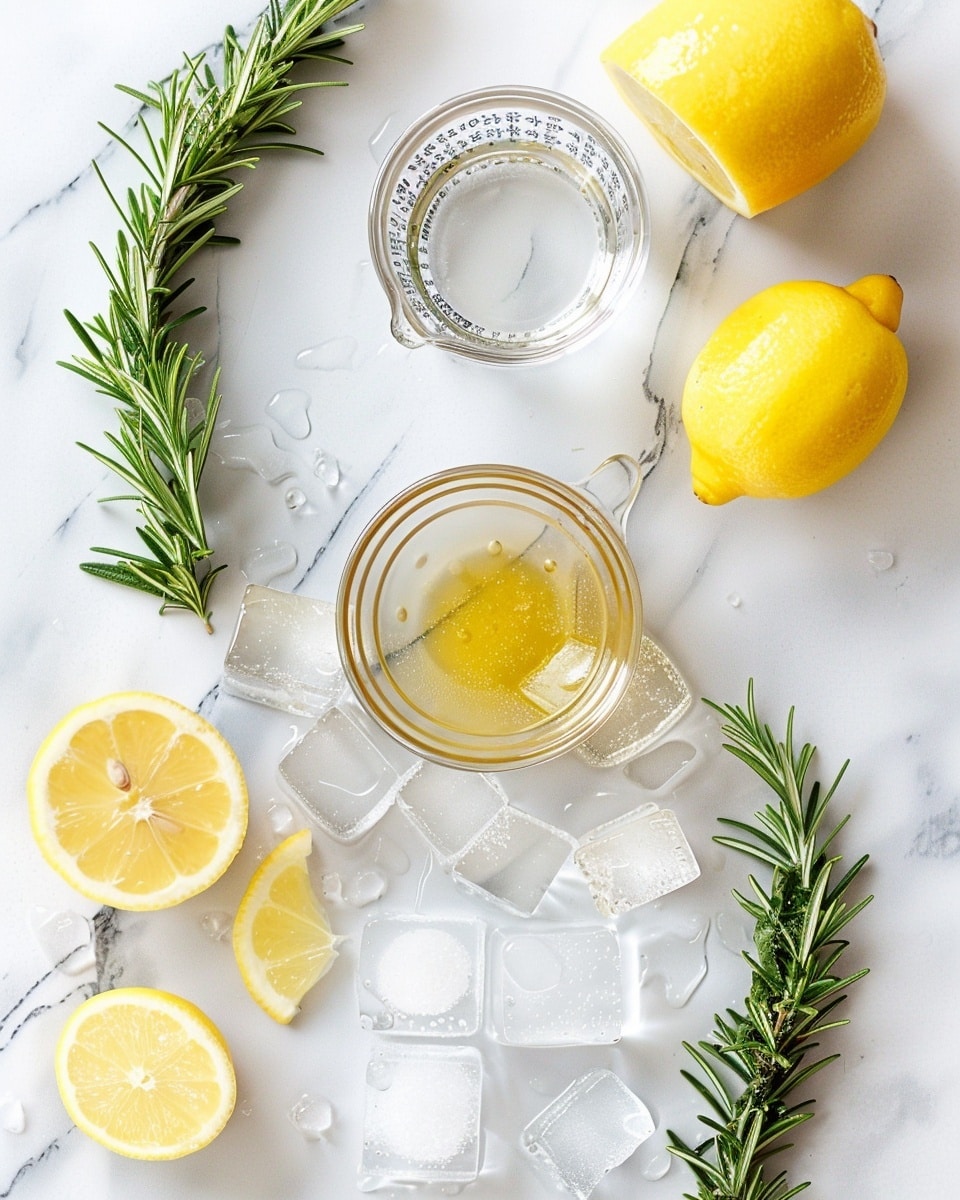 Single clear glass filled with a refreshing lemon and spruce branch-infused beverage, showcasing ice cubes gently clinking and fresh lemon rounds floating near the top, delicate sprigs of spruce adding vibrant green contrast, condensation droplets visible on the glass exterior, plated on a white marble surface under natural lighting, styled as an inviting individual serving drink, photo taken with an iphone --ar 4:5 --v 7