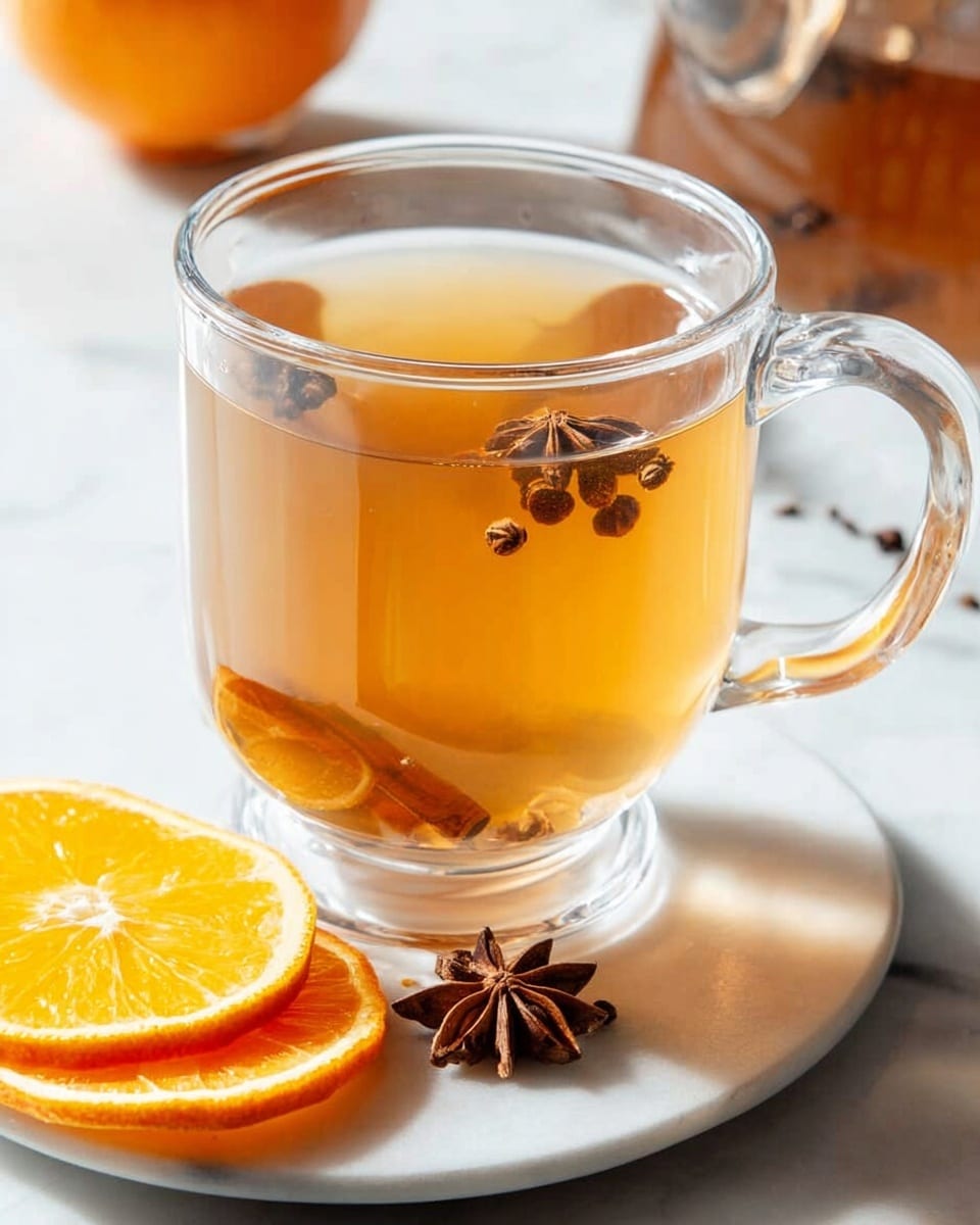 Large clear glass mug filled with fragrant spiced tea, showing warm golden-brown liquid infused with whole star anise, cloves, and cinnamon sticks, accompanied by a white plate holding several bright orange slices on a white marble surface, natural light highlighting the steaming hot beverage, professional food styling, whole scene photographed from a 3/4 angle on white marble countertop, photo taken with an iphone --ar 4:5 --v 7