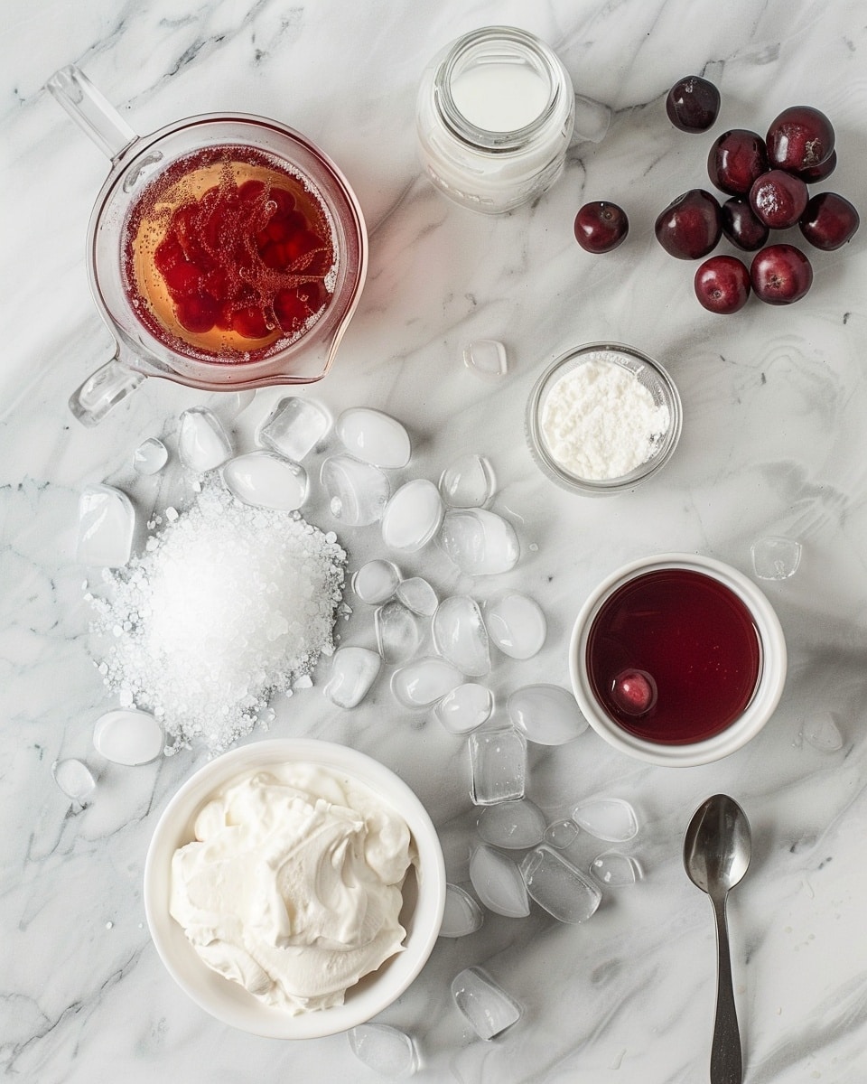 Single white tall glass showcasing one layered cherry cream float, close-up angled view revealing vibrant red cherry syrup at the bottom, frothy whipped cream topped with a bright red cherry on top, ice cubes visible through the creamy liquid, condensation on the glass, placed on white marble surface, styled for a food blog presentation, natural lighting, intimate plated serving photo taken with an iphone --ar 4:5 --v 7