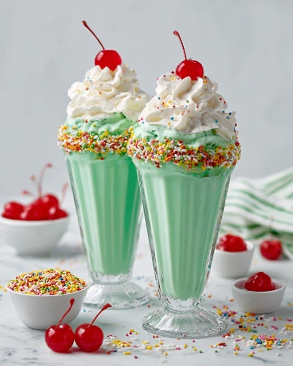 Two tall vintage-style clear glass milkshake glasses filled with thick, mint-green milkshakes topped with generous swirls of fluffy whipped cream, colorful sprinkle dusting on the rim, and a bright red maraschino cherry on top of each; a white marble countertop underneath featuring small white bowls with extra sprinkles and cherries, captured with natural lighting from a 3/4 angle to showcase the whole presentation as a vibrant and classic dessert styling, photo taken with an iphone --ar 4:5 --v 7