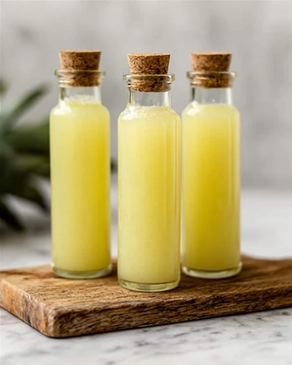 Three tall, slender, clear glass bottles filled with pale yellow pineapple juice, arranged neatly on a rustic wooden cutting board, each bottle sealed with a small cork stopper, set against a clean white marble background with natural lighting, creating a fresh and inviting presentation, professional product style photo taken with an iphone --ar 4:5 --v 7
