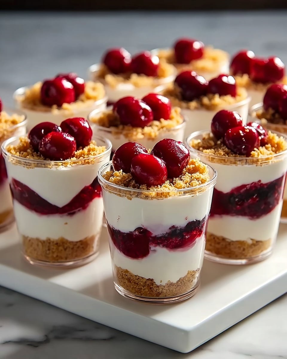 A large white rectangular platter showcasing multiple whole cherry cheesecake parfaits in clear cups, each layered with creamy white cheesecake filling, vibrant red cherry compote, and golden graham cracker crumble topping, garnished generously with plump whole cherries, arranged neatly across a white marble countertop, natural lighting highlighting the glossy cherry topping and creamy textures, styled as a professional food magazine hero shot, photo taken with an iphone --ar 4:5 --v 7
