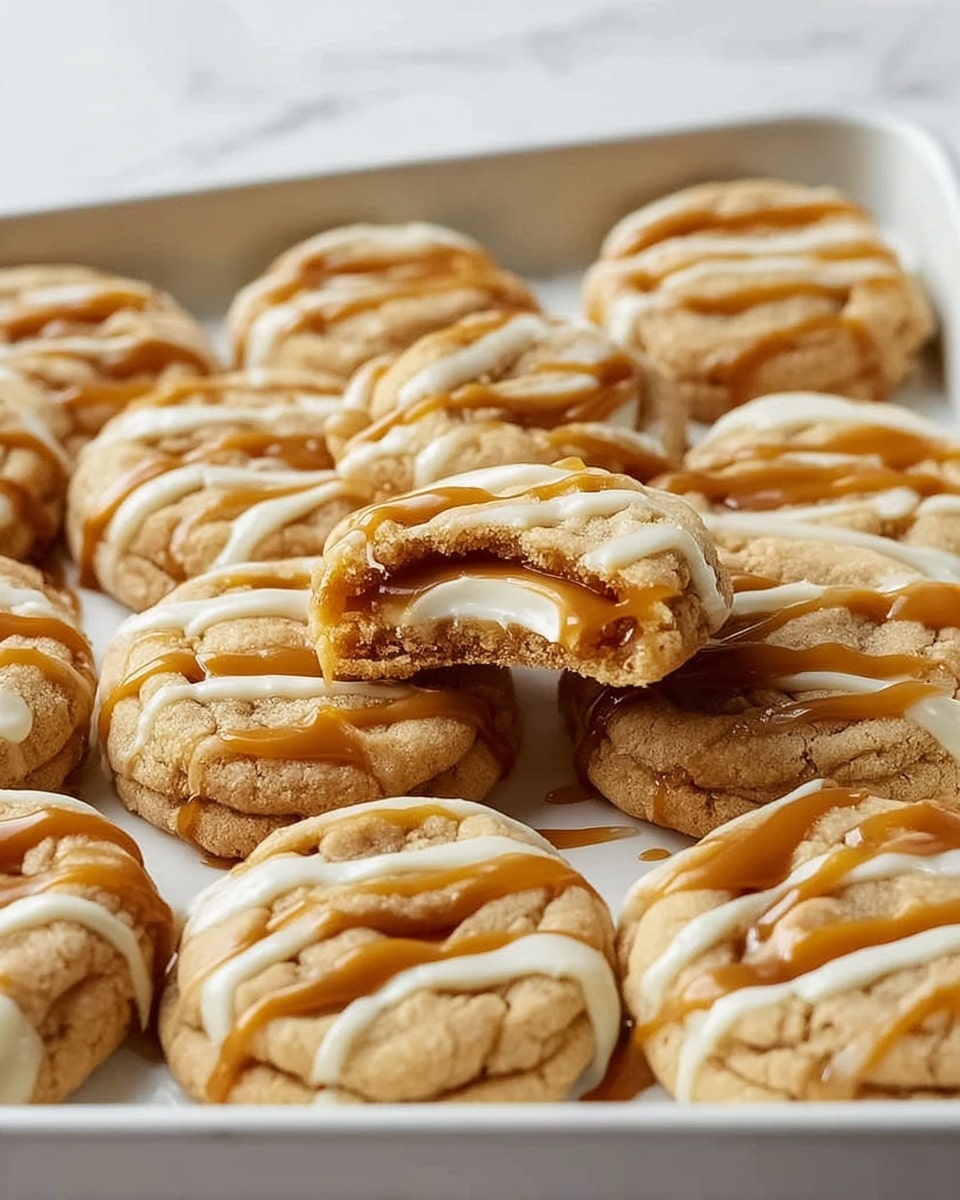 A large white rectangular baking tray filled with freshly baked caramel-filled cookies arranged neatly side by side, each cookie golden brown with a glossy caramel drizzle artistically swirled on top, showcasing a soft, chewy texture, the whole tray perfectly presented on a white marble background, captured in natural light with a professional 3/4 angle food magazine style photo taken with an iphone --ar 4:5 --v 7