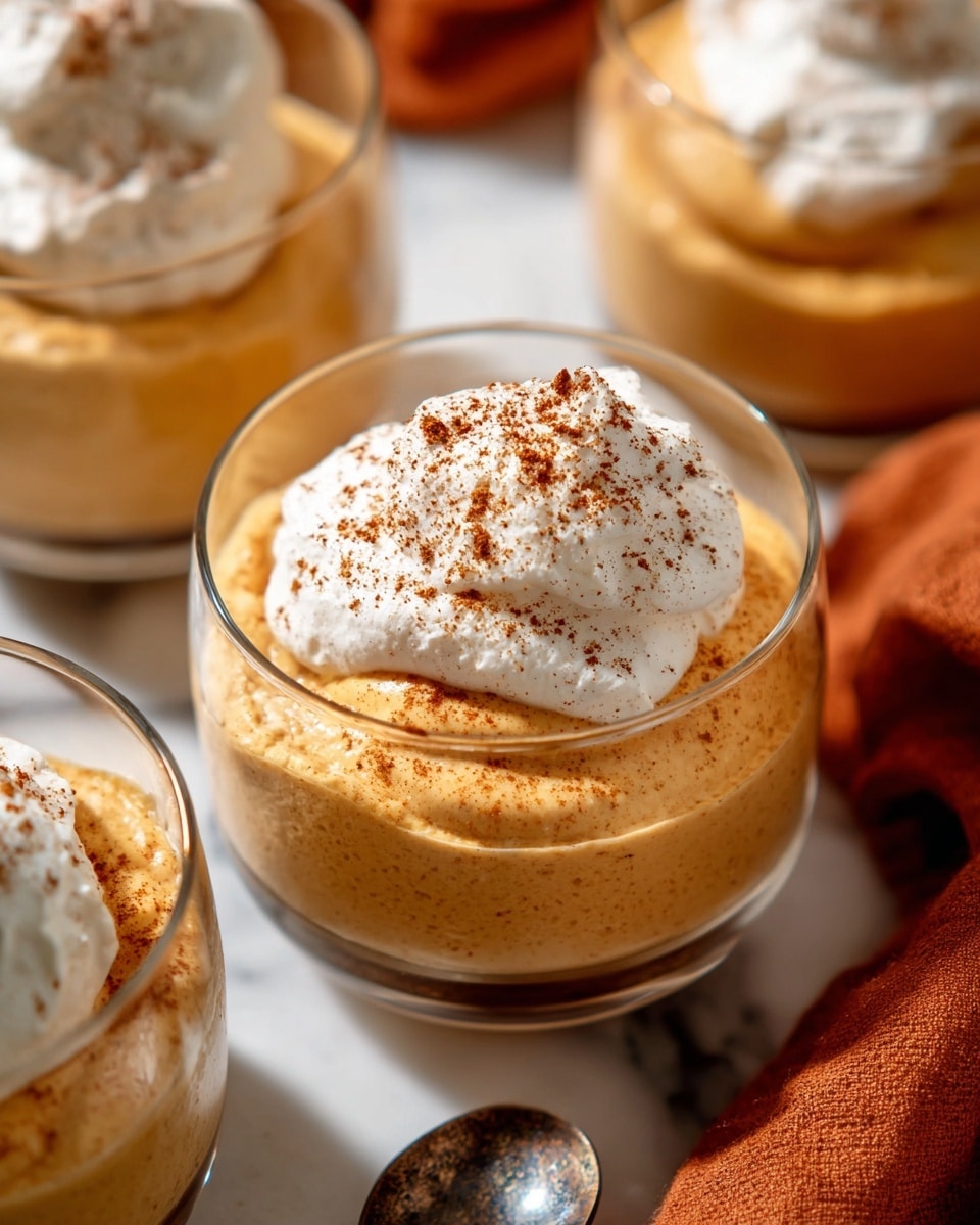 A cluster of clear white glass dessert cups arranged on a white marble surface, each filled with a smooth, fluffy pumpkin mousse topped with a generous dollop of whipped cream and a light dusting of cinnamon powder, showcasing the seasonal dessert in its entirety, captured in a warm natural light setting from a 3/4 angle, styled professionally to highlight the textures and autumn colors, photo taken with an iphone --ar 4:5 --v 7